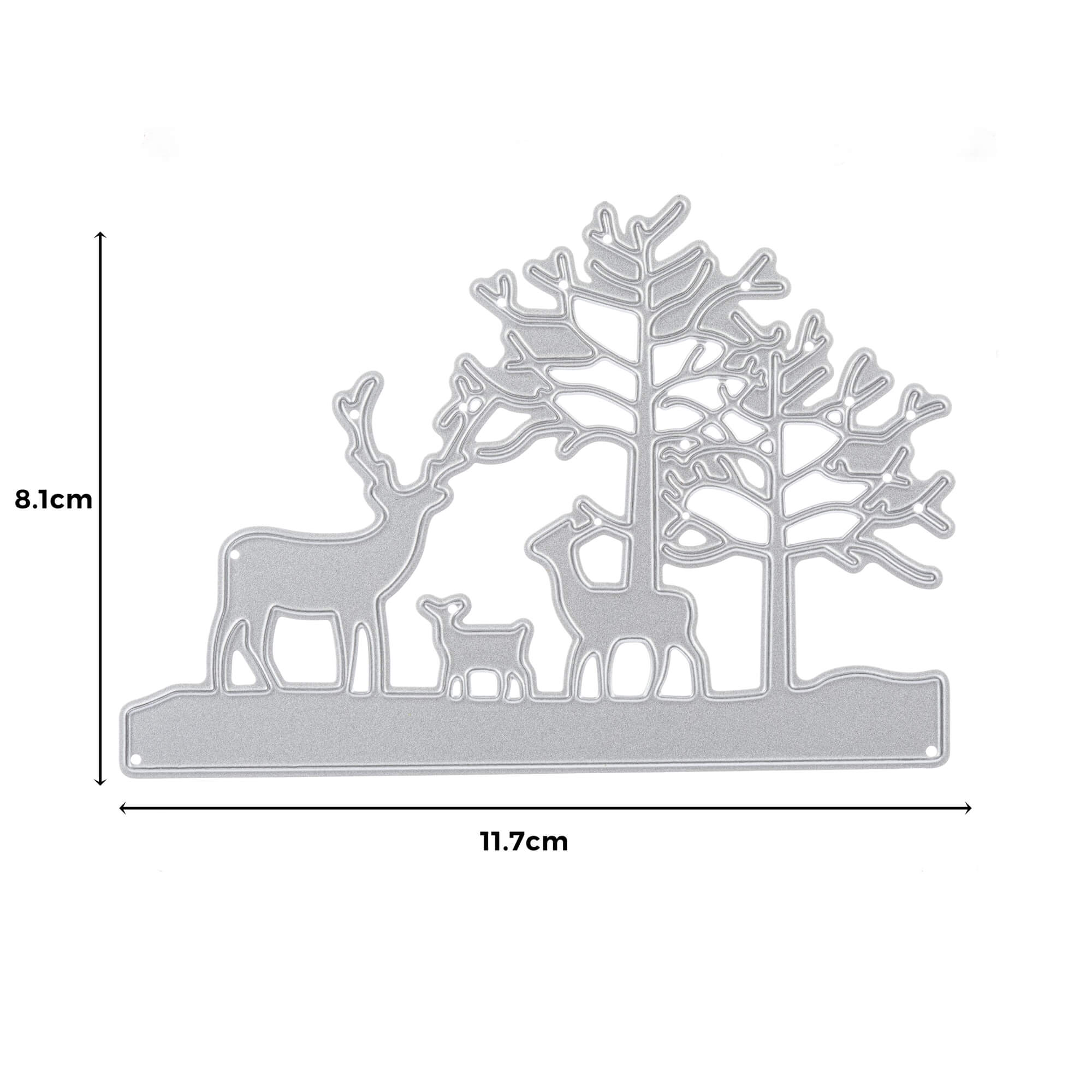 Die Stanzschablone: Winterlandschaft mit drei Rehen von Stanzenshop.de ist eine silberne Metallstanzform, ideal für Basteln Deko, mit drei Rehen und zwei Bäumen; Größe: 8,1 cm x 11,7 cm.