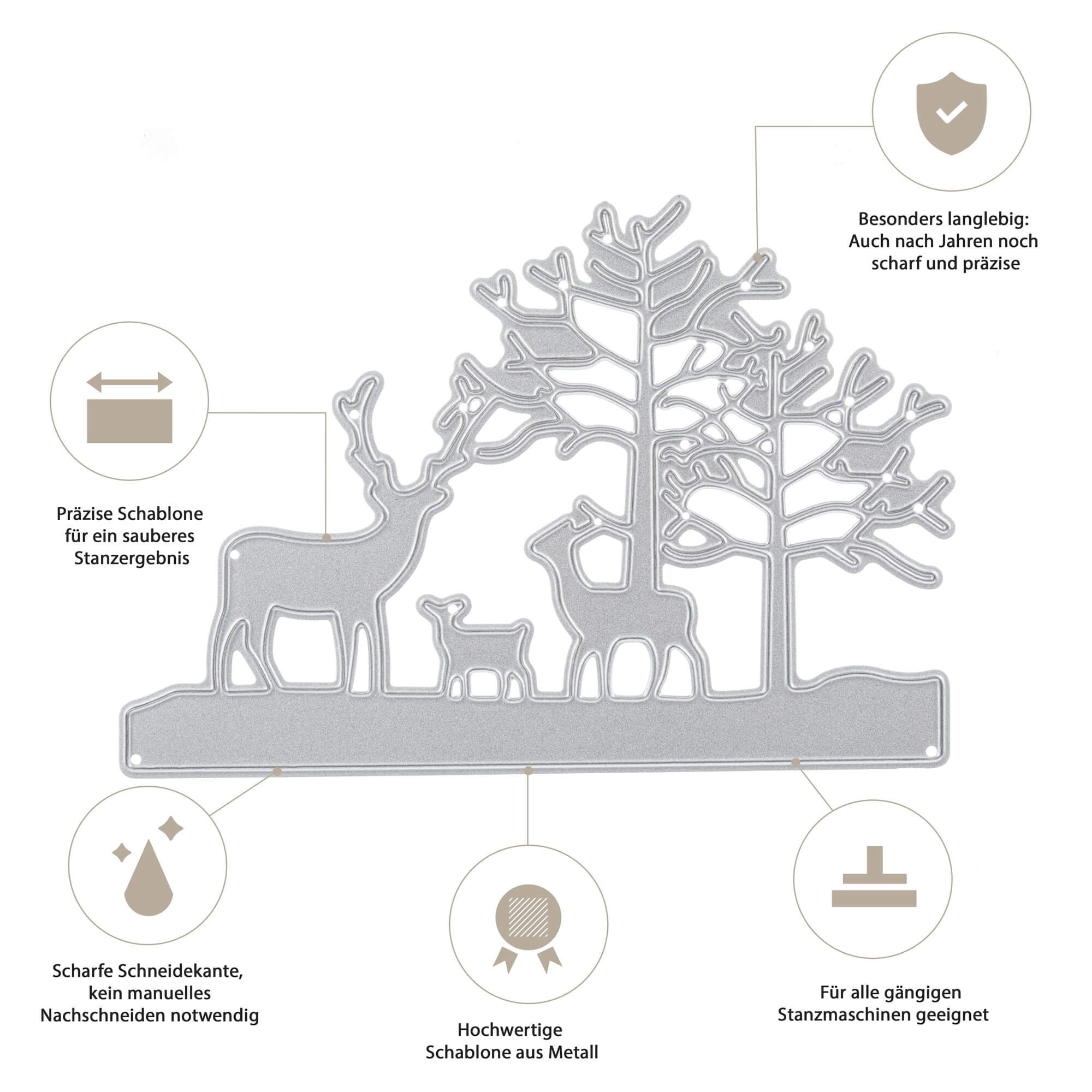 Die Stanzschablone von Stanzenshop.de: Winterlandschaft mit drei Rehen ist eine silberne Metallstanze, perfekt für Basteln Deko, mit präzisen, haltbaren Stanzkanten und kompatibel mit den Stanzen Weihnachten Stanzmaschinen.