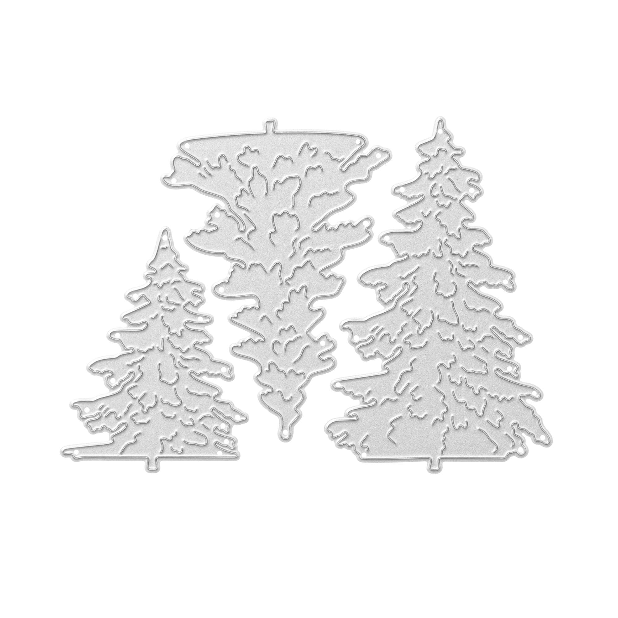 Stanzschablone: Drei Tannenbäume von Stanzenshop.de - drei verschiedene große, detailreiche Tannenbäume, ideal für Basteln im Winter und Kartenherstellung, auf weißem Hintergrund präsentiert.