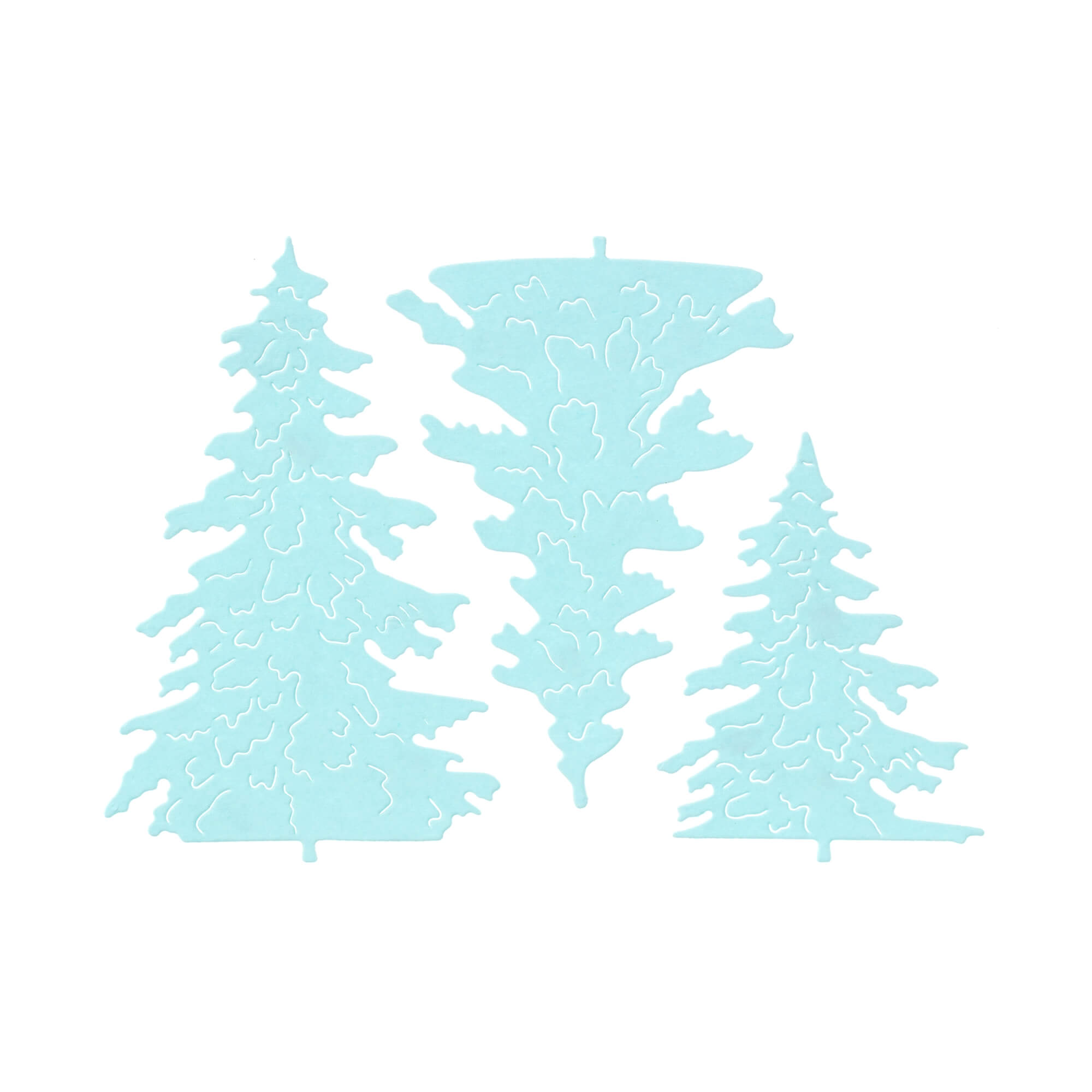 Die "Stanzschablone: Drei Tannenbäume" von Stanzenshop.de zeigt drei stilisierte, hellblaue Tannenbäume nebeneinander auf weißem Grund - ideal zum Basteln im Winter oder für die Kartenherstellung.