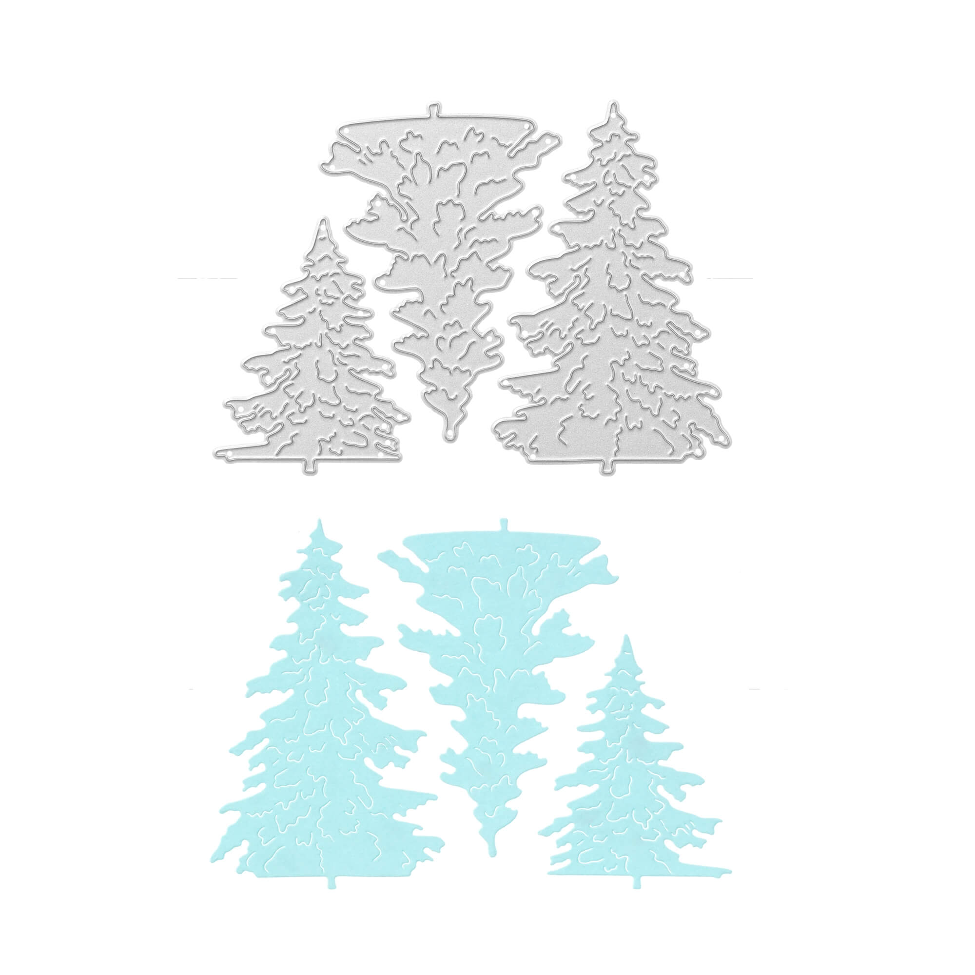 Die Stanzenshop.de Stanzschablone: Drei Tannenbäume zeigt drei Metallstempel und dazu passende hellblaue Papierausschnitte von Tannenbäumen, ideal für Basteln Winter oder Kartenherstellung, alles auf weißem Hintergrund.