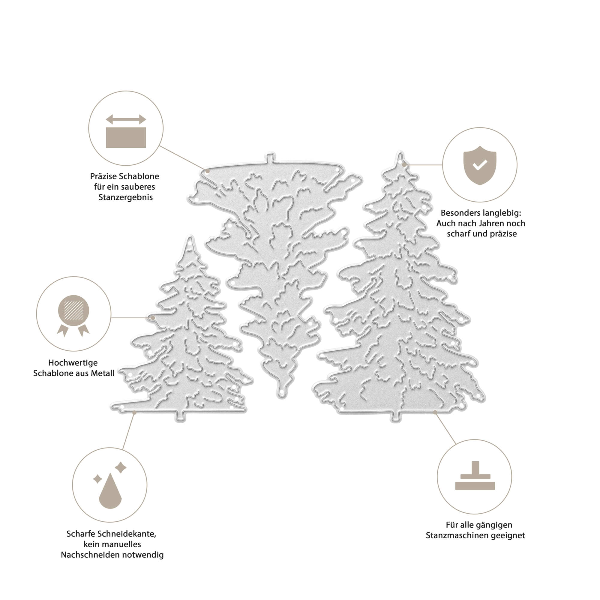 Vier Metall-Baumstümpfe, Stanzschablone: Drei Tannenbäume von Stanzenshop.de, zeichnen sich durch Präzision, langlebiges hochwertiges Metall, scharfe Kanten und breite Kompatibilität aus - ideal für Basteln im Winter oder Kartenherstellung.