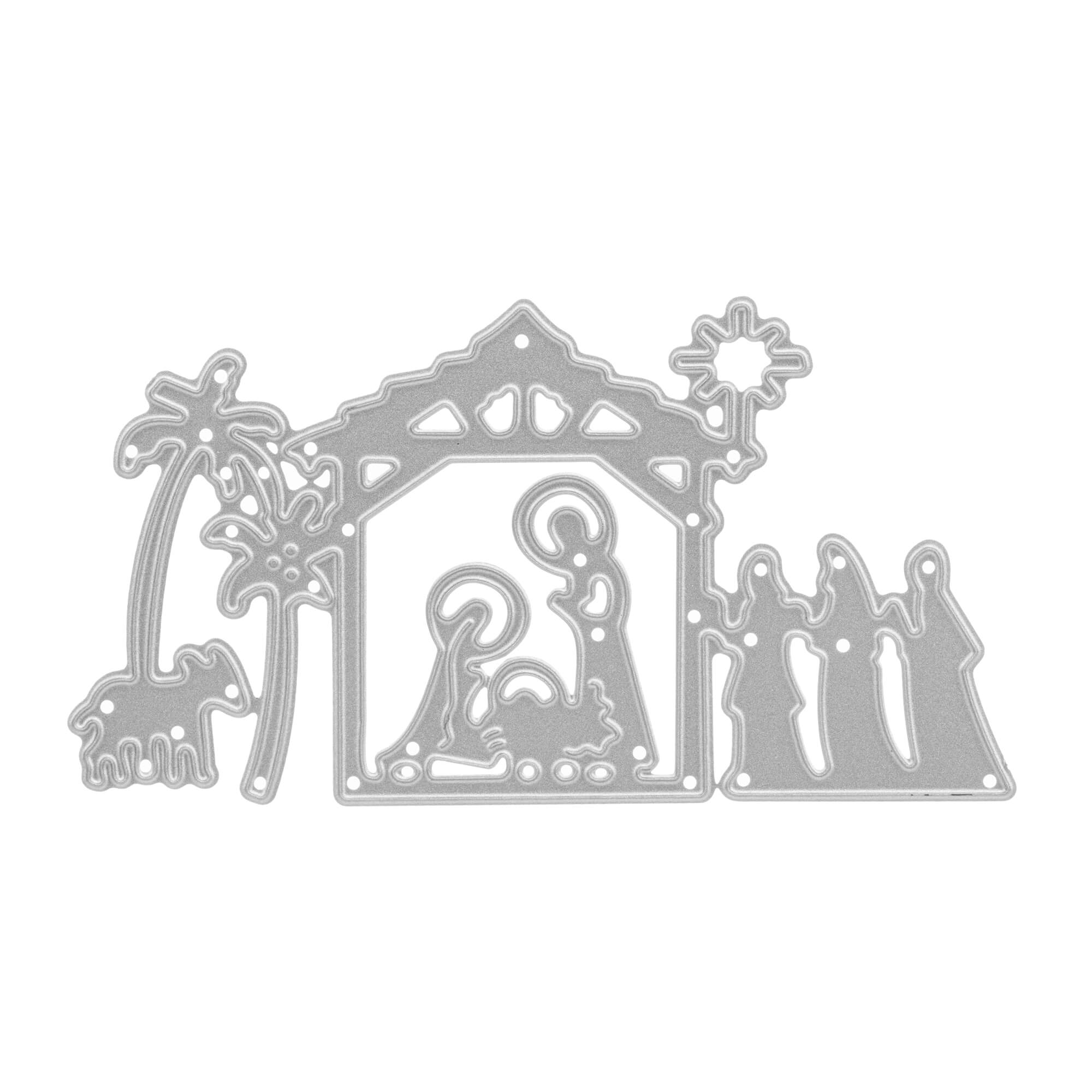 Stanzschablone: Krippenszene mit Tieren und den drei Weisen von Stanzenshop.de - ideal für Basteln und weihnachtliche Grußkarten mit Maria, Josef, Jesuskind, Sterndeuter, Tieren und Stall.