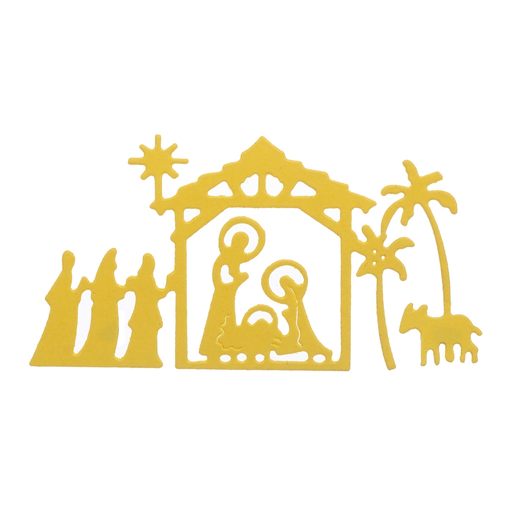 Gelbe Krippenszene Silhouette mit Maria, Josef, Jesuskind in der Krippe, drei Weisen, Tieren, Palmen, Stern & Esel-ideal als Inspiration zum Basteln oder als "Stanzschablone: Krippenszene mit Tieren und den drei Weisen" von Stanzenshop.de.