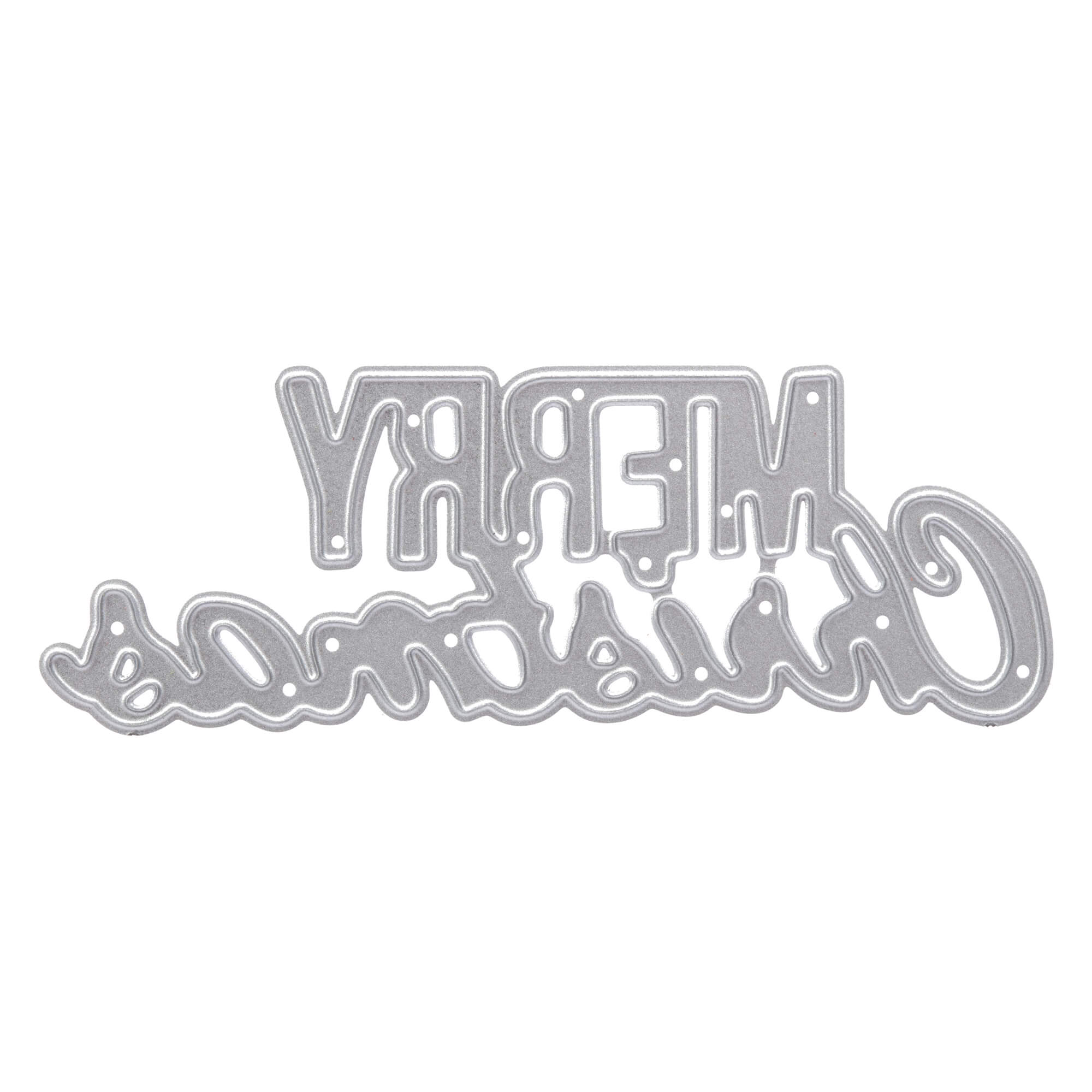 Die Stanzenshop.de Stanzschablone: Schriftzug Merry Christmas ist eine silberne Metallstanze mit dem Schriftzug "MERRY Christmas" auf der Rückseite - ideal für Basteln Weihnachten oder Stanzen Scrapbooking Projekte.