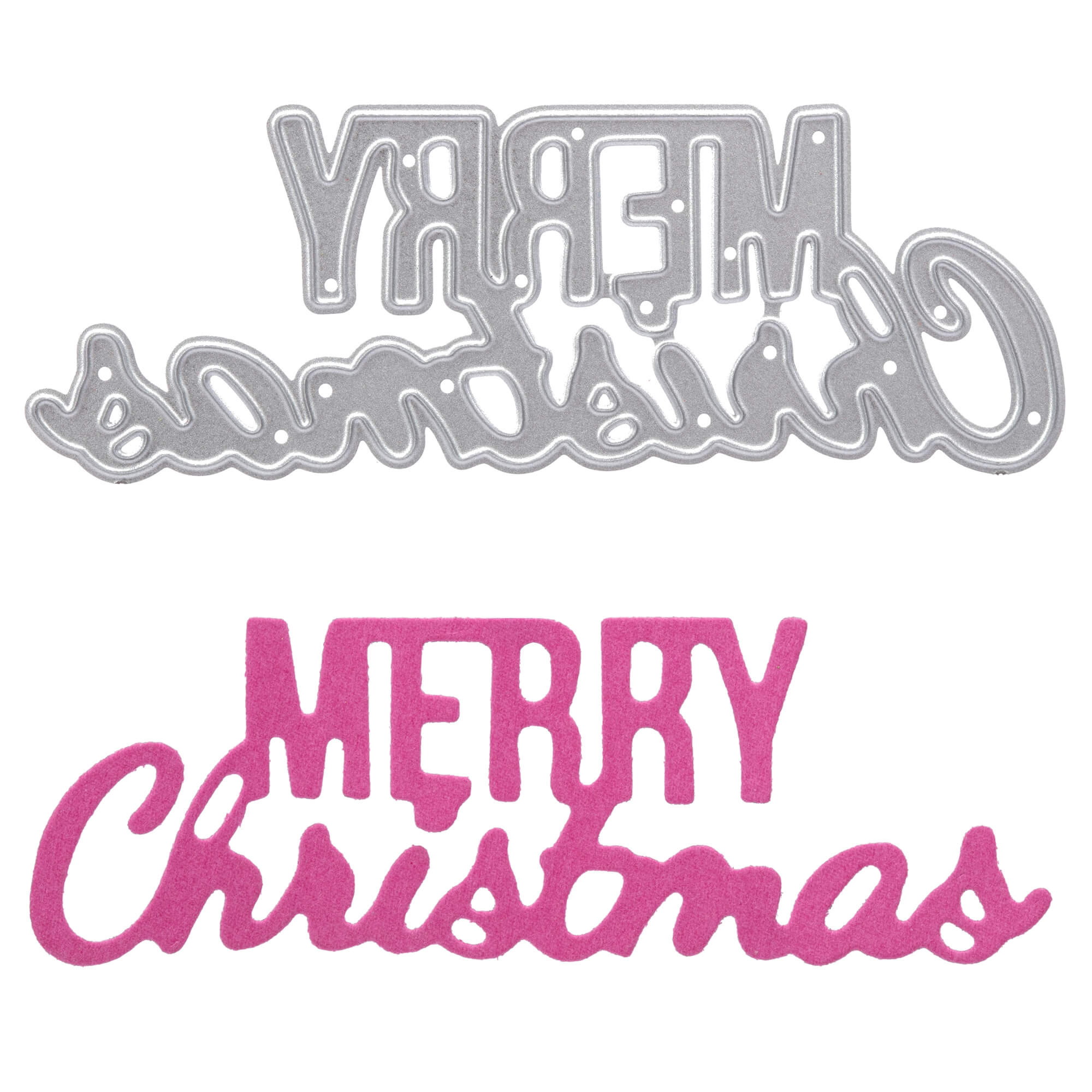 Die Stanzschablone: Schriftzug Merry Christmas von Stanzenshop.de enthält eine silberne Metallstanze und einen rosa Papierausschnitt - ideal für Stanzen, Scrapbooking und Basteln zu Weihnachten.