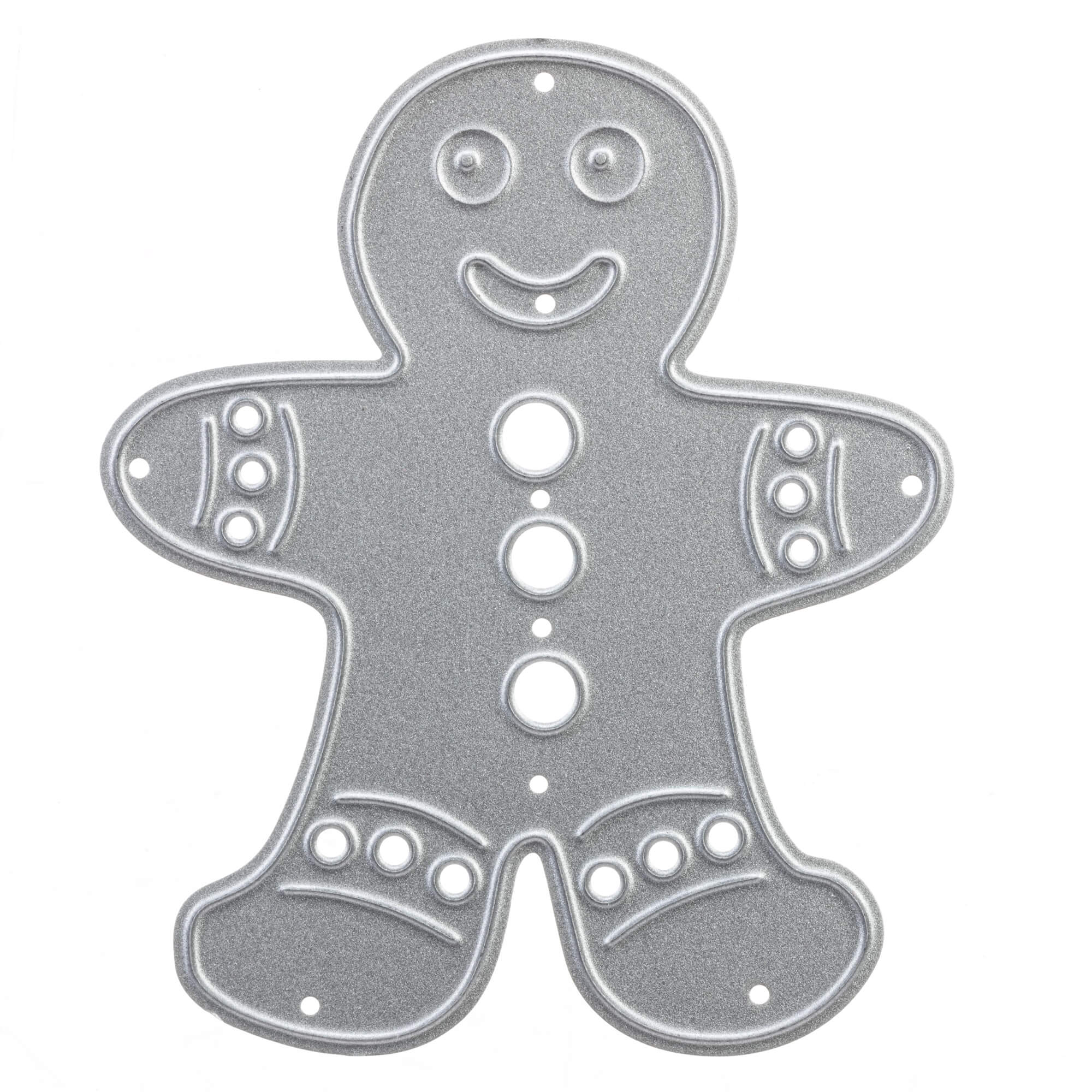 Die Stanzschablone: Lebkuchen von Stanzenshop.de ist eine silberne Lebkuchenform mit detaillierten Gesichts-, Arm- und Beineindrücken und kreisförmigen Ausschnitten - ideal zum Basteln von festlichen Basteln oder Wintermotiven.