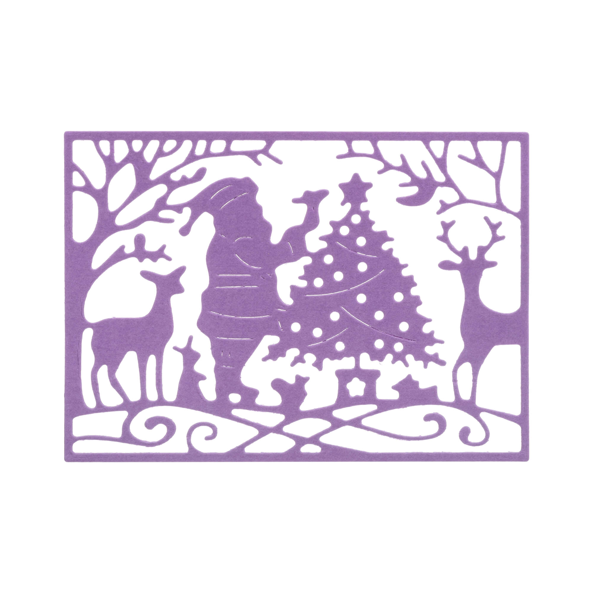 Lila Silhouette von Weihnachtsmann, Tieren und Weihnachtsbaum im Rahmen - Stanzschablone: Weihnachtsmann, Tiere und Baum im Rahmen von Stanzenshop.de. Ideal für Scrapbooking oder Basteln von Weihnachtsprojekten mit Ihren Lieblingsstanzwerkzeugen.
