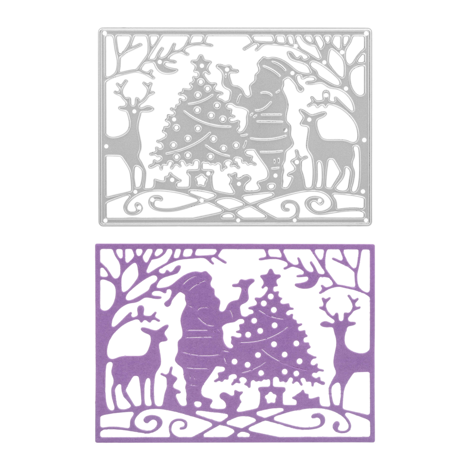 Die Stanzenschablone: Weihnachtsmann, Tiere und Baum im Rahmen von Stanzenshop.de und ihr lila Ausschnitt zeigen den Weihnachtsmann mit Rentieren, die einen Baum schmücken - ideal für Scrapbooking- oder Basteln-Weihnachtsprojekte.
