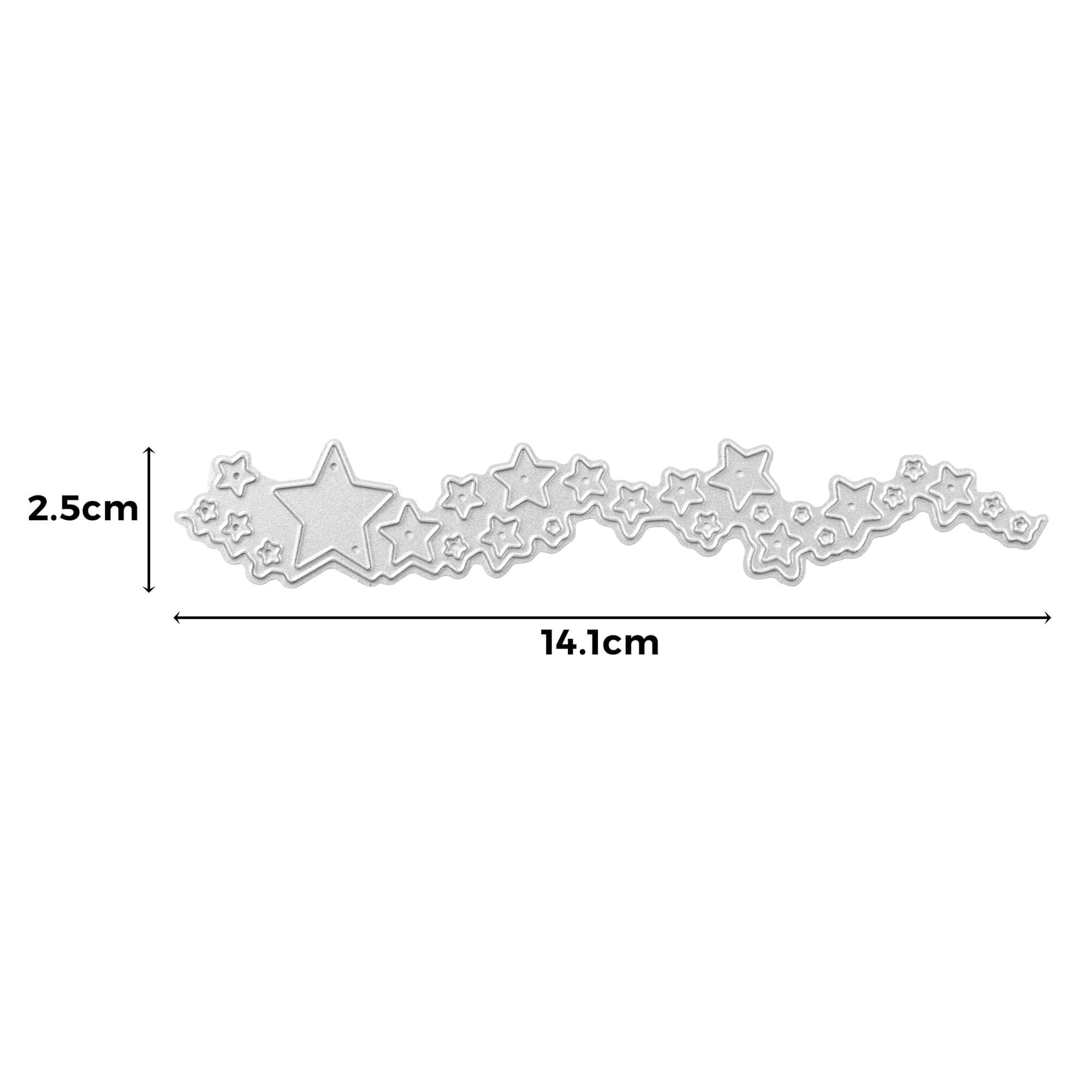 Die "Stanzschablone: Sterne auf einer Welle" von Stanzenshop.de ist eine silberne Metallstanzform (14,1 x 2,5 cm) mit einem Sternhaufen - ideal für Karten basteln und Weihnachtsprojekte, abgebildet mit Maßetiketten.