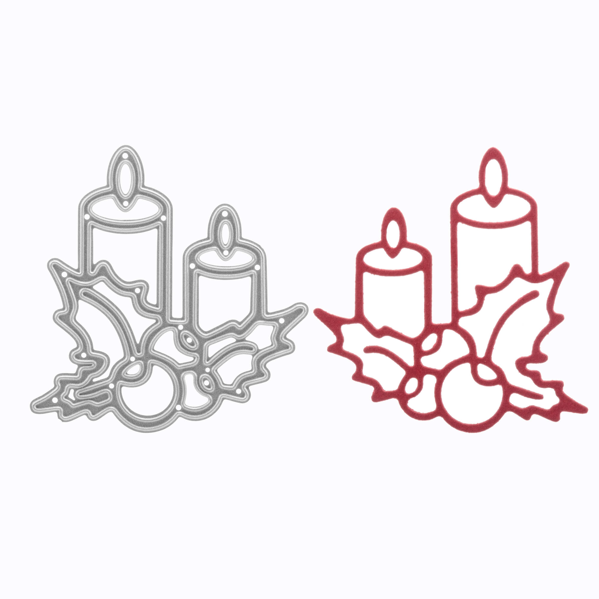 Zwei festliche Stanzschablonen von Stanzenshop.de - beide mit zwei Kerzen, Stechpalmenblättern und Beeren - eignen sich perfekt zum Basteln von Weihnachten oder Adventskranz. Produkt: Kleiner Adventskranz. Der eine hat silberne, der andere rote Metallic-Akzente.