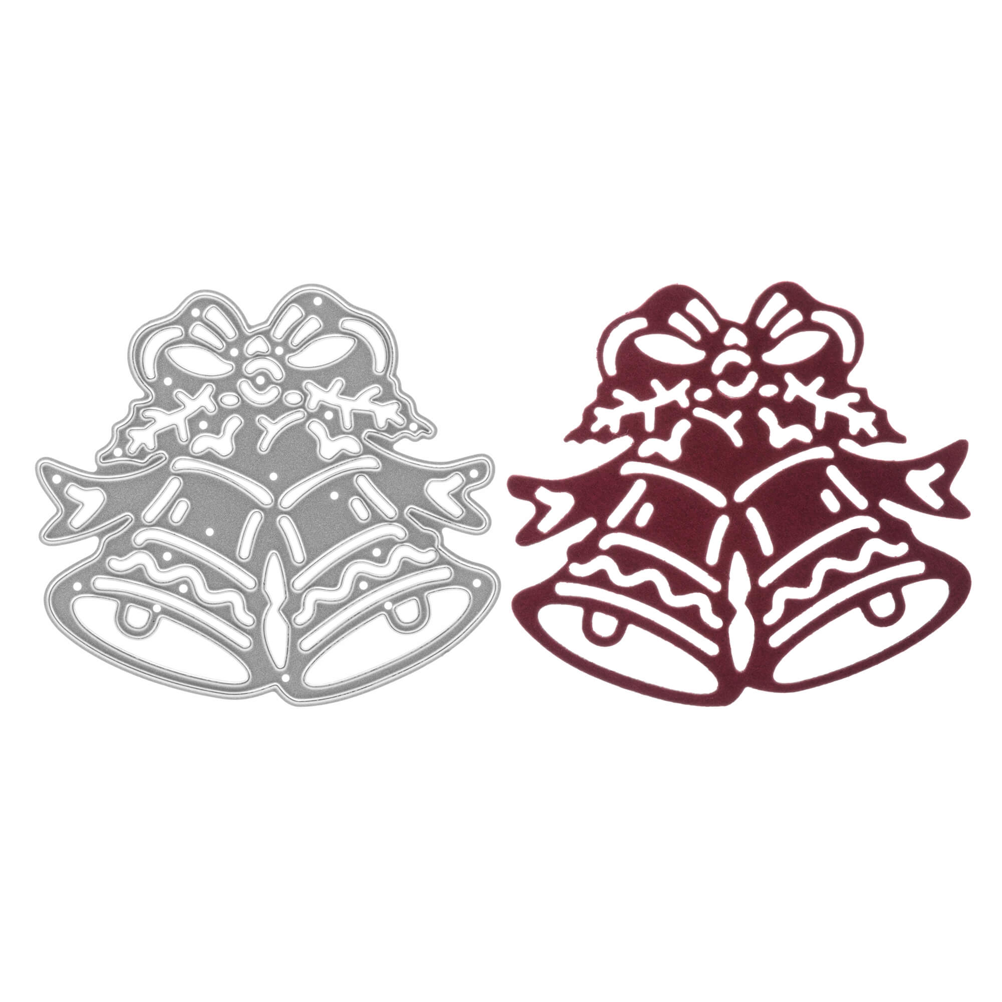 Erstellen Sie festliche Bastelarbeiten mit zwei überlappenden Weihnachtsglockenausschnitten mit der Stanzschablone: Zwei Weihnachtsglocken von Stanzenshop.de-silber und kastanienbraun, jeweils mit Schleifen und Stechpalmen verziert, ideal für Stanzen Weihnachten Projekte.