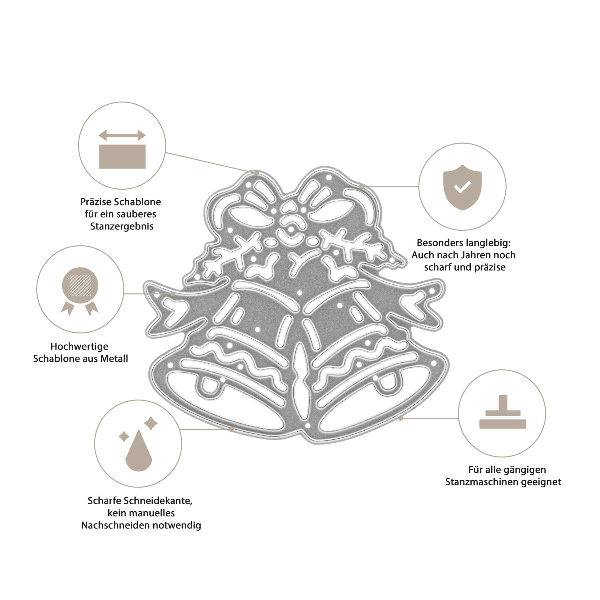 Diagramm der Stanzschablone: Zwei Weihnachtsglocken von Stanzenshop.de, mit präzisen, scharfen Kanten, hochwertiger Verarbeitung, Kompatibilität mit Standardmaschinen und dauerhafter Schärfe.