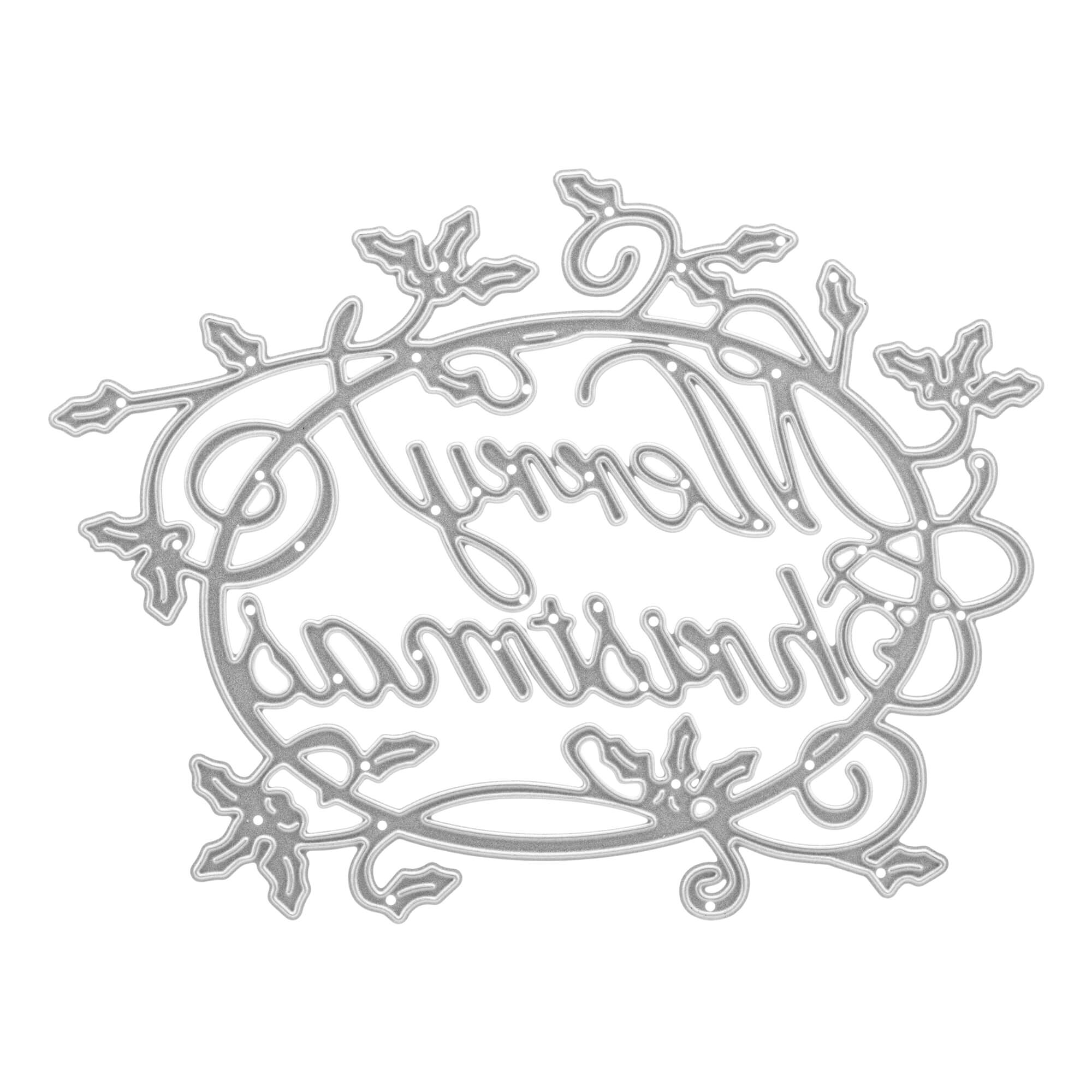Die Stanzschablone: Schriftzug Merry Christmas mit Ranken von Stanzenshop.de ist ein silberner, verschnörkelter Ausschnitt mit Stechpalmenblättern - ideal für festliche Scrapbooking- oder Cardmaking-Projekte.