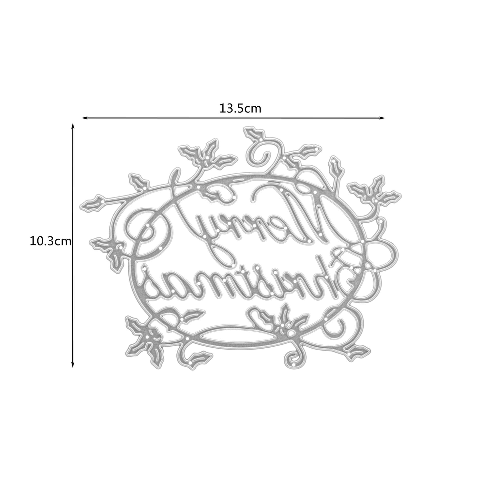 Die Stanzenshop.de Stanzschablone: Schriftzug Merry Christmas mit Ranken ist eine dekorative Metallstanze (13,5 x 10,3 cm) mit floralen Akzenten, ideal für Scrapbooking und Weihnachtsprojekte.