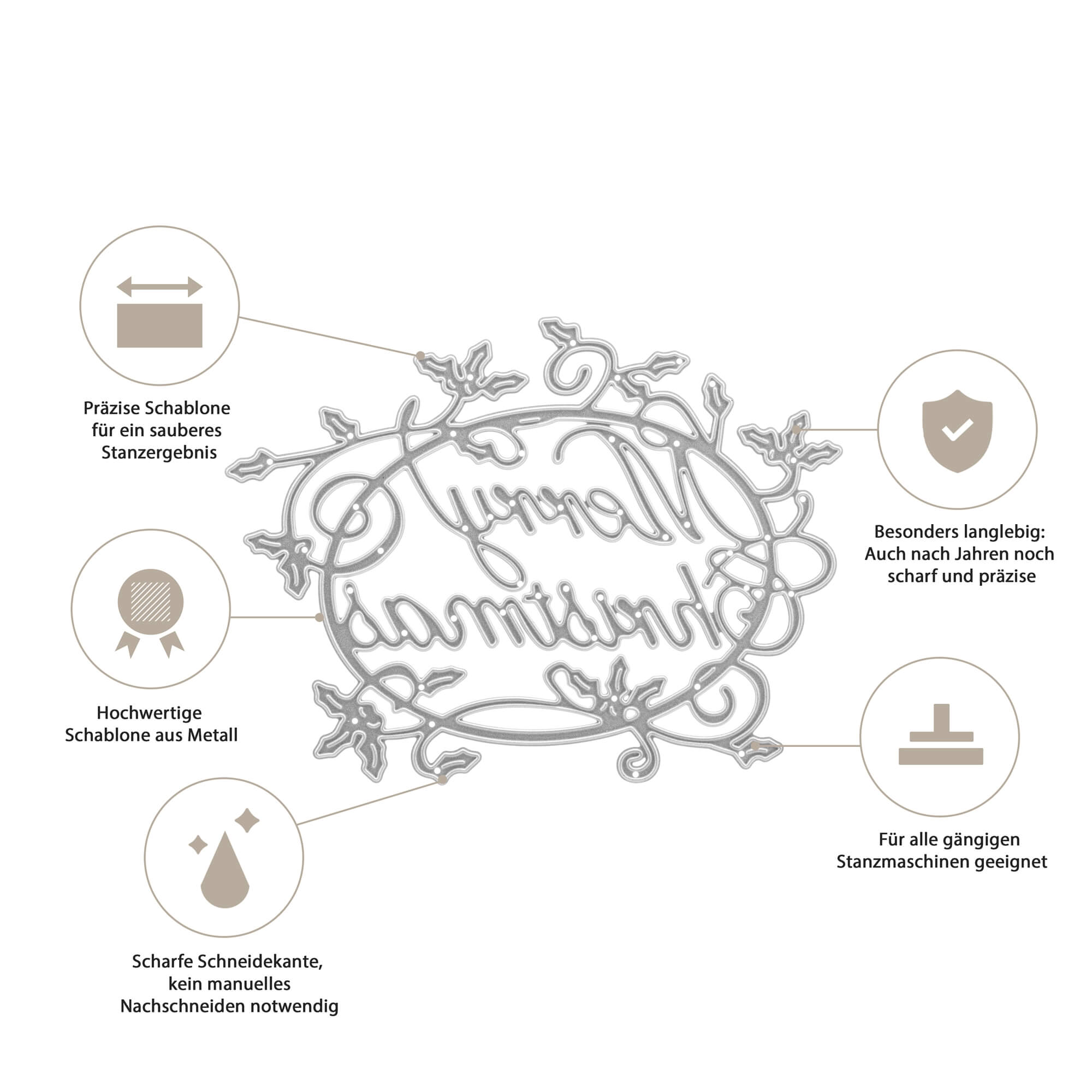 Die "Stanzschablone: Schriftzug Merry Christmas mit Ranken" von Stanzenshop.de besticht durch kunstvolle Schrift und robustes Metall, ideal für Scrapbooking- oder Merry Christmas-Projekte, und ist mit allen gängigen Schneidemaschinen kompatibel.