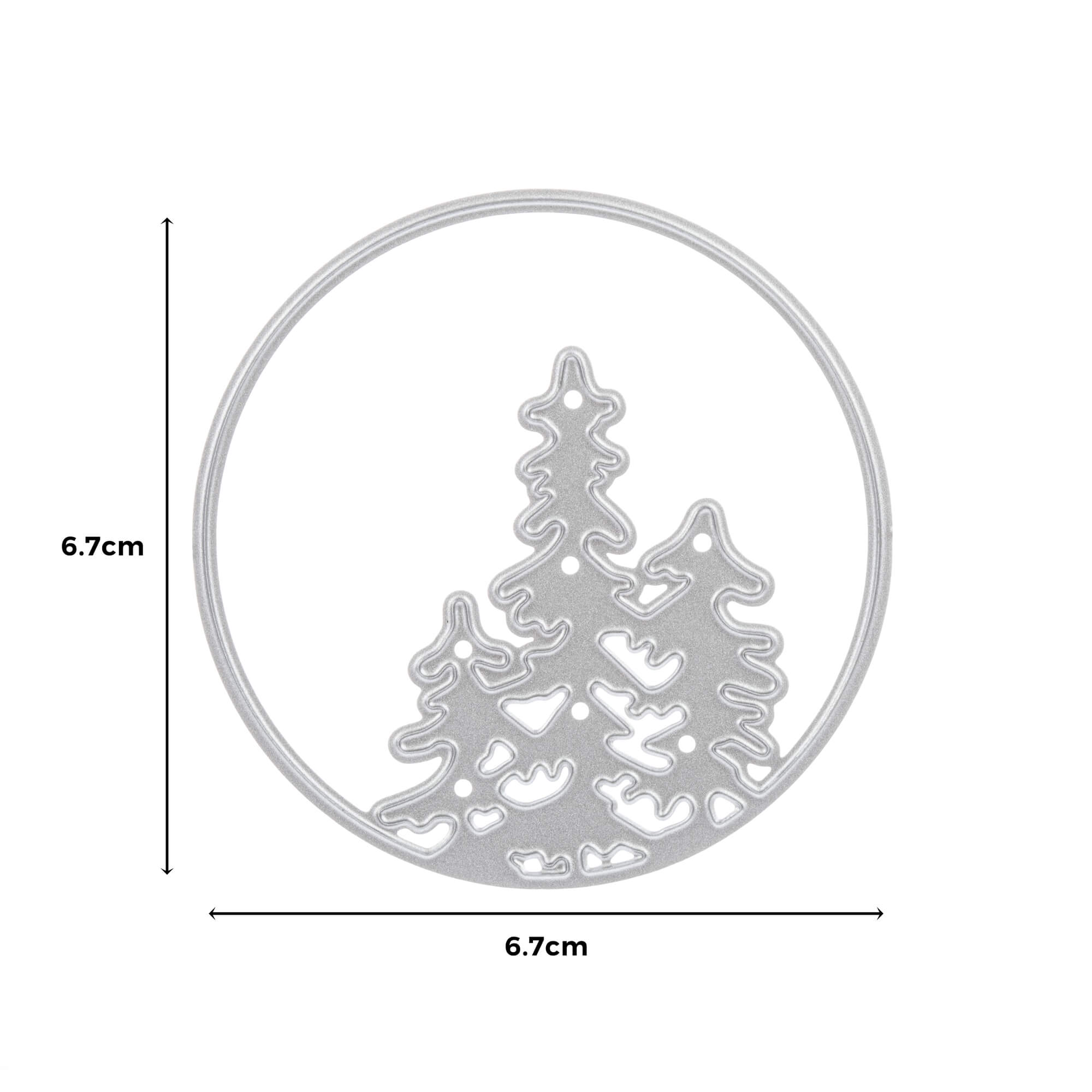 Die Stanzschablone Drei Tannenbäume in rundem Rahmen von Stanzenshop.de ist ca. 6,7 x 6,7 cm groß und ideal für Wintermotive Basteln oder als Stanze für Weihnachtskarten.