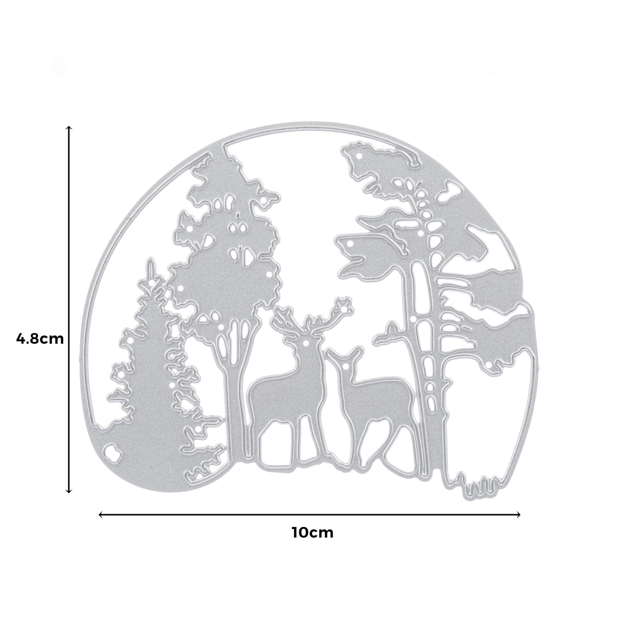 Die "Stanzschablone: Winterlandschaft im Halbkreis" von Stanzenshop.de zeigt zwei Rehe und Bäume im Halbkreis (4,8 x 10 cm) - ideal für Karten basteln oder festliche Stanzen-Weihnachtsprojekte.