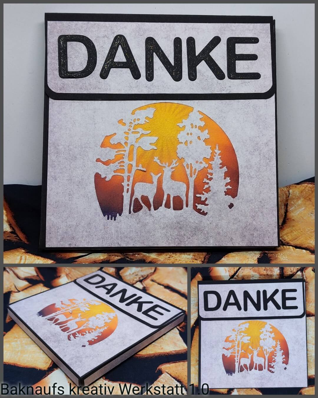Quadratische Karte mit dem Schriftzug "DANKE" auf der Oberseite, mit einem ausgeschnittenen Baum und einem Reh, hergestellt mit der Stanzschablone von Stanzenshop.de: Winterlandschaft im Halbkreis, vor einem Hintergrund mit Sonnenuntergang. Drei Fotos zeigen die Basteln Karten aus verschiedenen Blickwinkeln.
