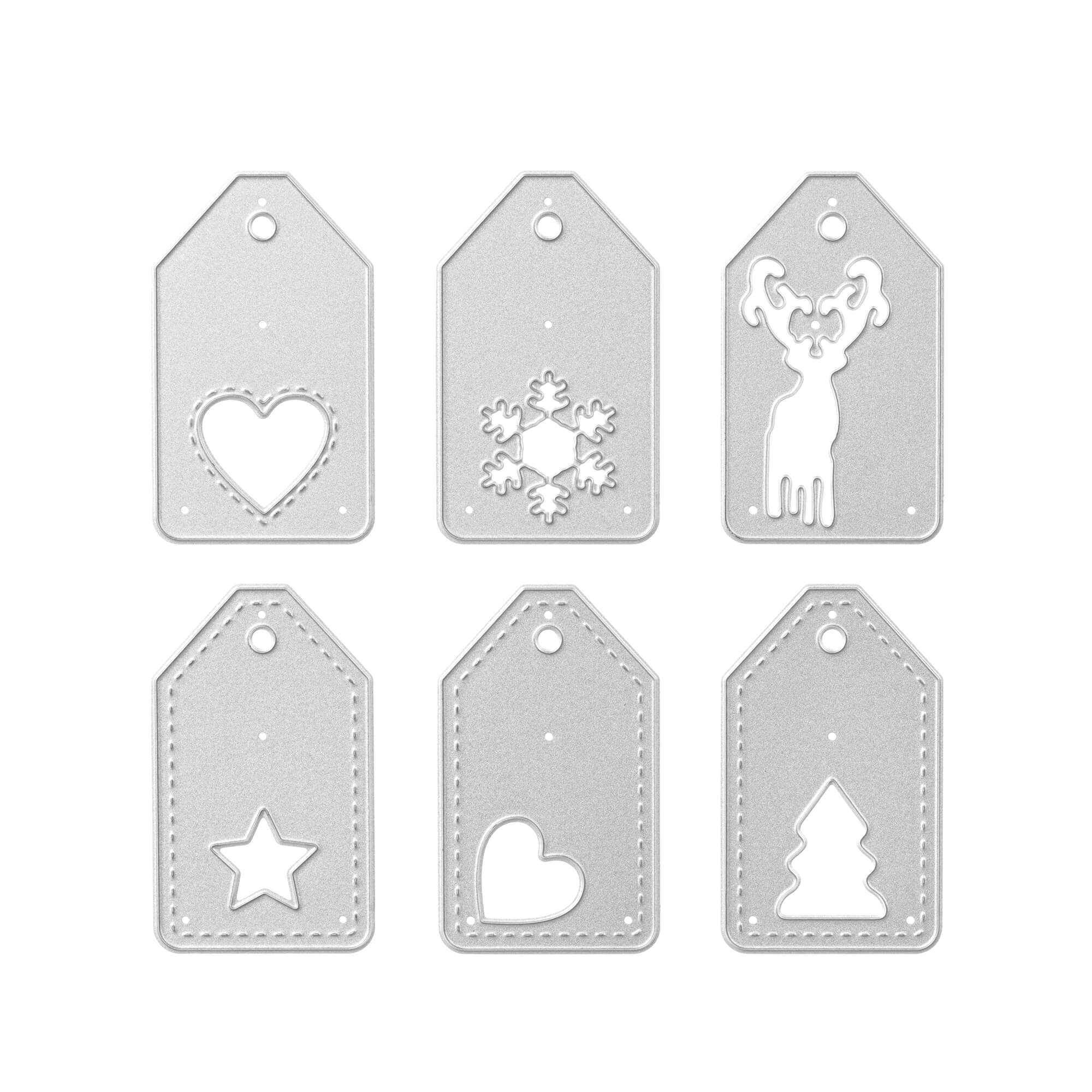 Die Stanzschablone Fünf Anhänger mit Weihnachtsmotiven von Stanzenshop.de bietet fünf silberne Geschenk-Anhänger mit winterlichen Motiven - ideal zum Basteln von Karten oder als Stanzen Wintermotive. Perfekt arrangiert für kreative Projekte.