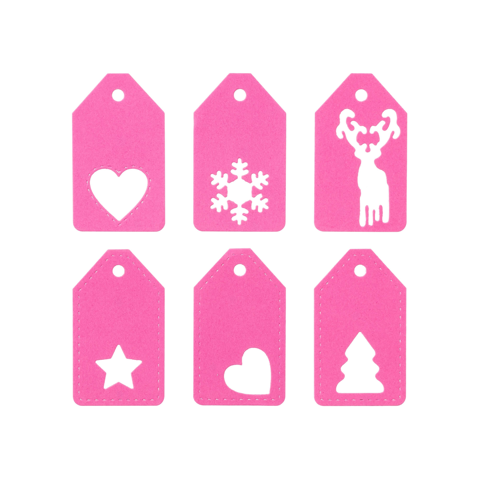 Die Stanzschablone Fünf Anhänger mit Weihnachtsmotiven von Stanzenshop.de enthält fünf festliche Geschenkanhänger - Herz, Stern, Schneeflocke, Rentier und Weihnachtsbaum - perfekt für Bastelkarten und kompatibel mit Ihrer Stanzschablone Weihnachten.