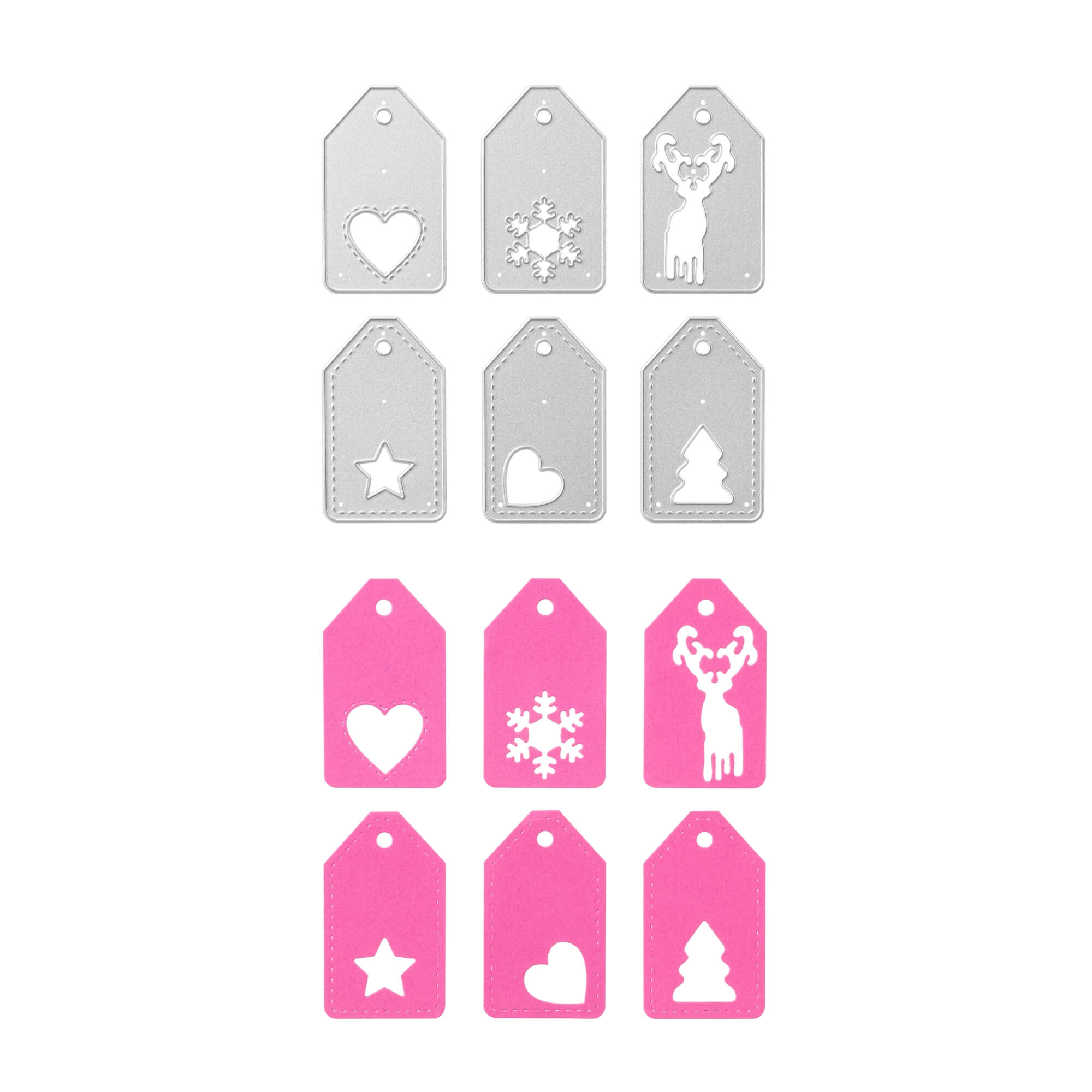 Zehn Geschenkanhänger in zwei Reihen: die obere Reihe ist silbern mit ausgeschnittenen Weihnachtsmotiven, die untere Reihe ist rosa mit weißen Weihnachtsmotiven - ein Herz, eine Schneeflocke, ein Rentier, ein Stern und ein Baum - hergestellt mit der Stanzschablone Fünf Anhänger mit Weihnachtsmotiven von Stanzenshop.de.