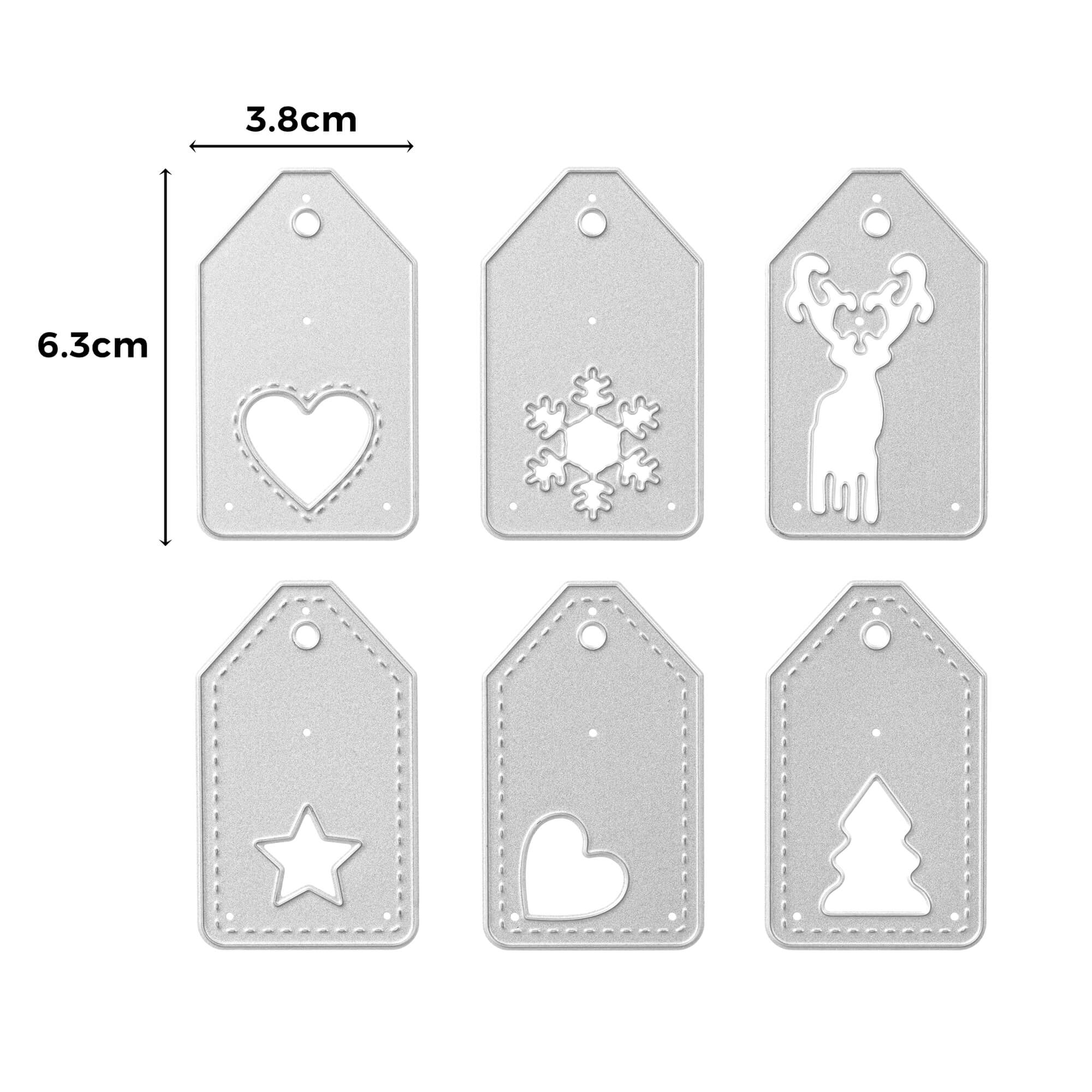 Die Stanzschablone Fünf Anhänger mit Weihnachtsmotiven von Stanzenshop.de schneidet fünf festliche Geschenkanhänger - Herz, Schneeflocke, Rentier, Stern und Weihnachtsbaum. Jeder Anhänger ist 6,3 x 3,8 cm groß; perfekt für Basteln Karten oder Weihnachtsbasteln.