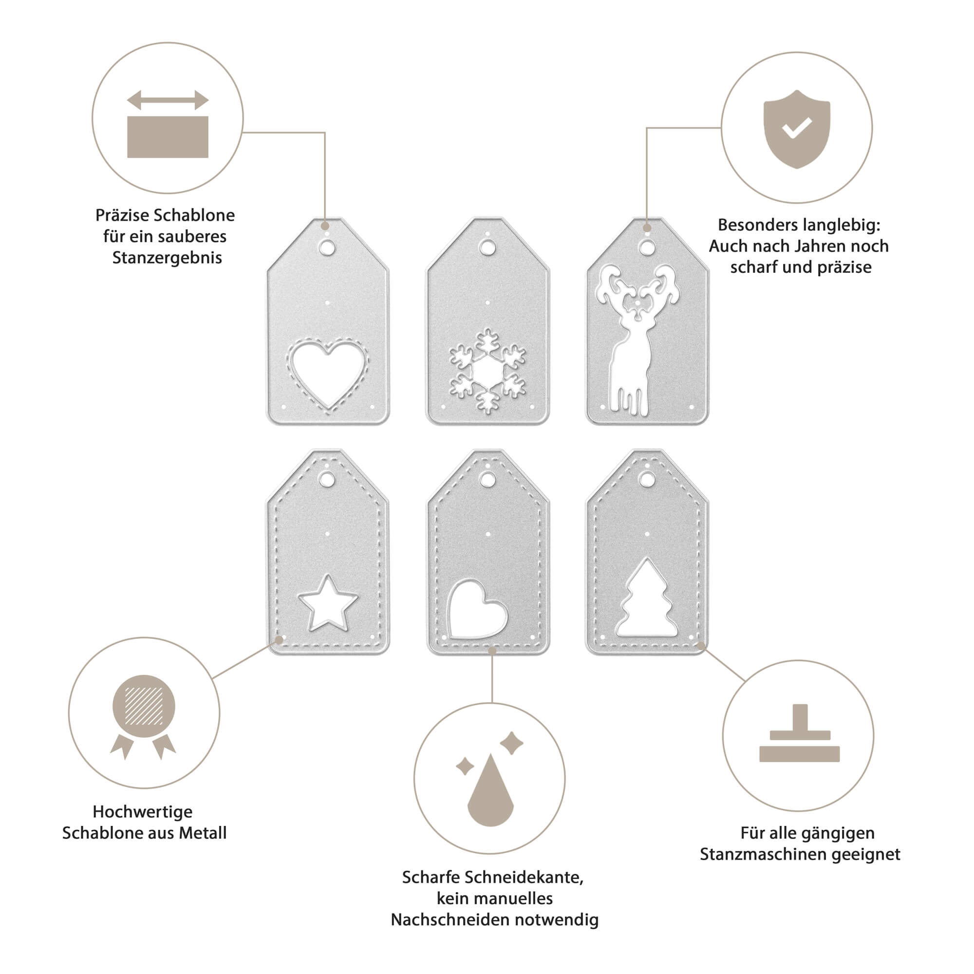 Die Stanzschablone Fünf Anhänger mit Weihnachtsmotiven von Stanzenshop.de bietet festliche Metallanhänger - ideal für Winterbasteleien und Bastelkarten - mit deutschen Texten und Symbolen, die die weihnachtlichen Motive hervorheben.
