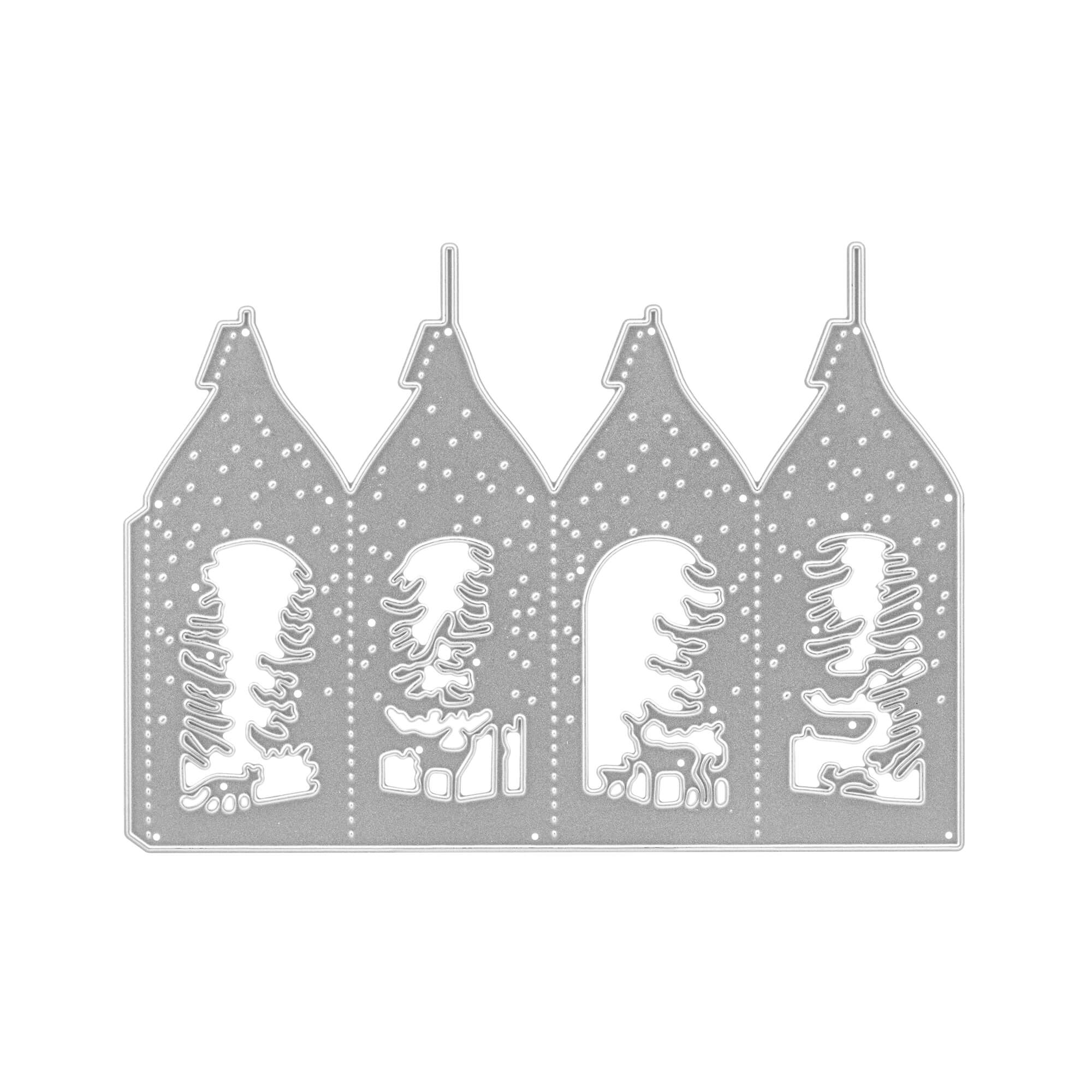 Die Stanzschablone: Aufsteller mit Wintermotiven von Stanzenshop.de zeigt vier hausförmige Tafeln mit Rundbogenfenstern, Schnee, Tannenbäumen und Geschenken - ideal für festliche Karten und winterliche Basteleien.