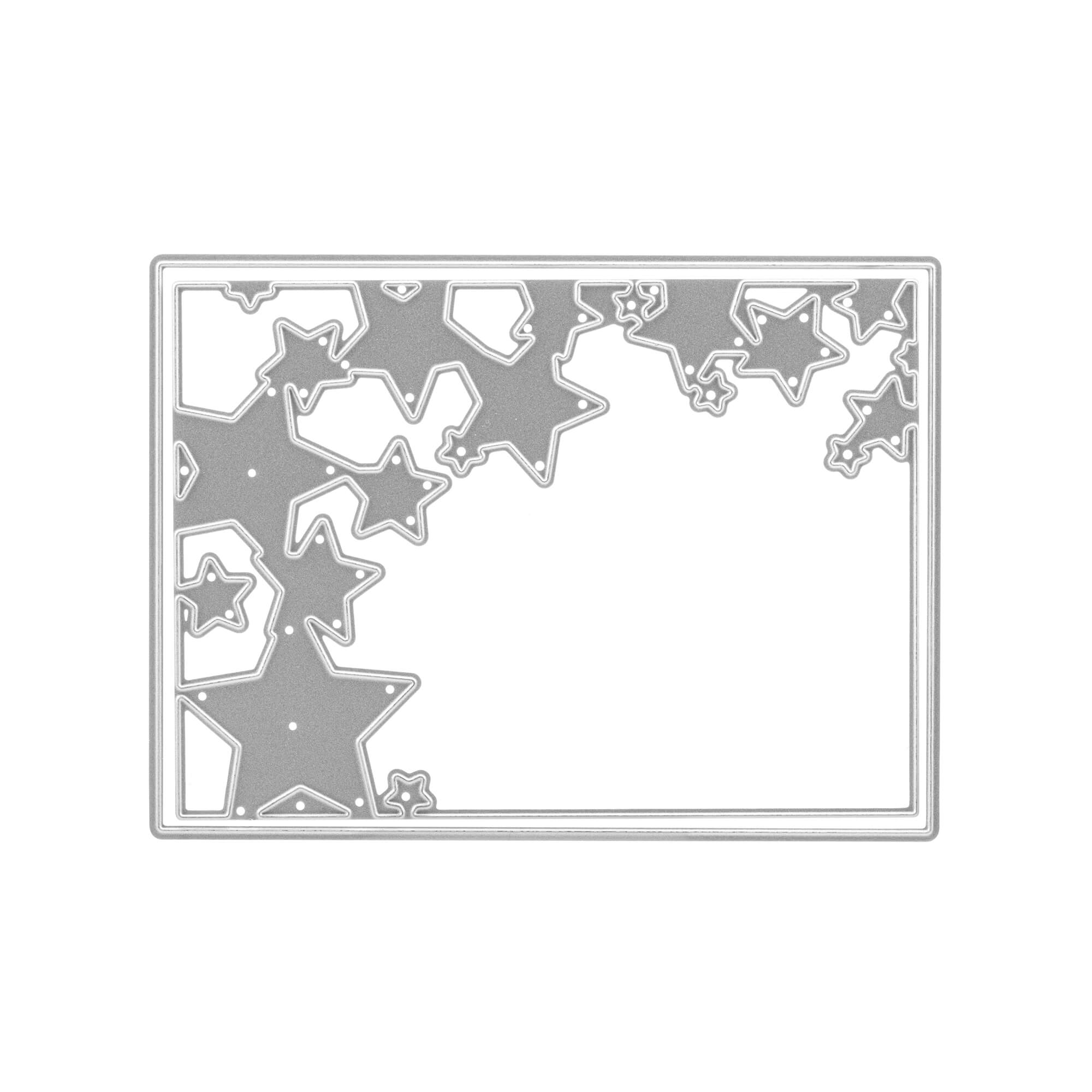 Die Stanzenshop.de Stanzschablone: Rahmen mit Sternen ist ein rechteckiger Metallrahmen mit einer Ansammlung von Sternausschnitten oben links, ideal zum kreativen Basteln mit Ihrer Lieblingsstanze.