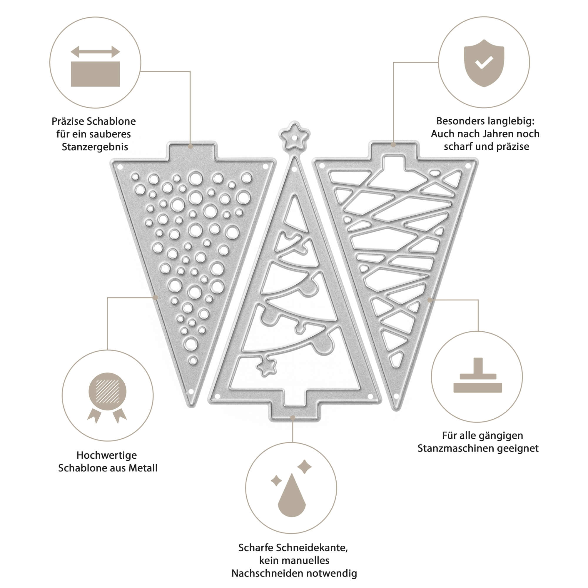 Drei verschiedene Tannenbäume Stanzschablonen von Stanzenshop.de bieten präzise, langlebige Metallqualität und sind mit gängigen Bastelwerkzeugen kompatibel - ideal für kreative Projekte.