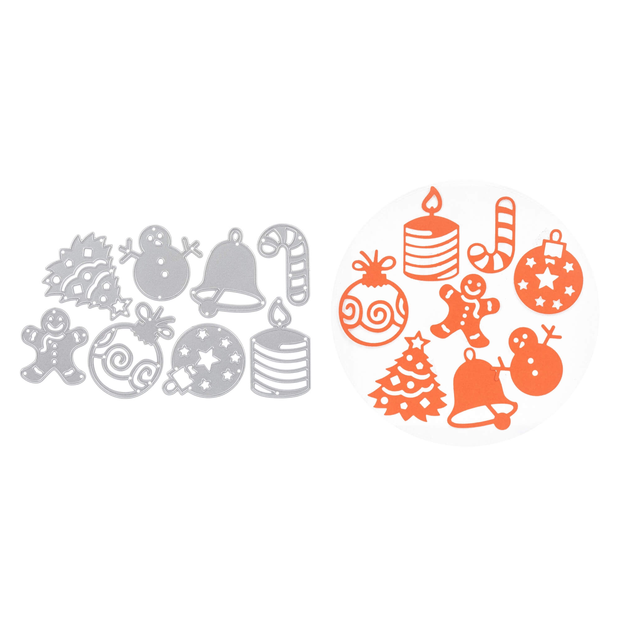 Das Stanzenshop.de Stanzschablone: Set mit acht Weihnachtsmotiven enthält Metallausstecher-Glocke, Kerze, Zuckerstange, Ornamente, Lebkuchenmann & Schneemann-ideal für Weihnachtsmotive Basteln oder Stanzen Karten.