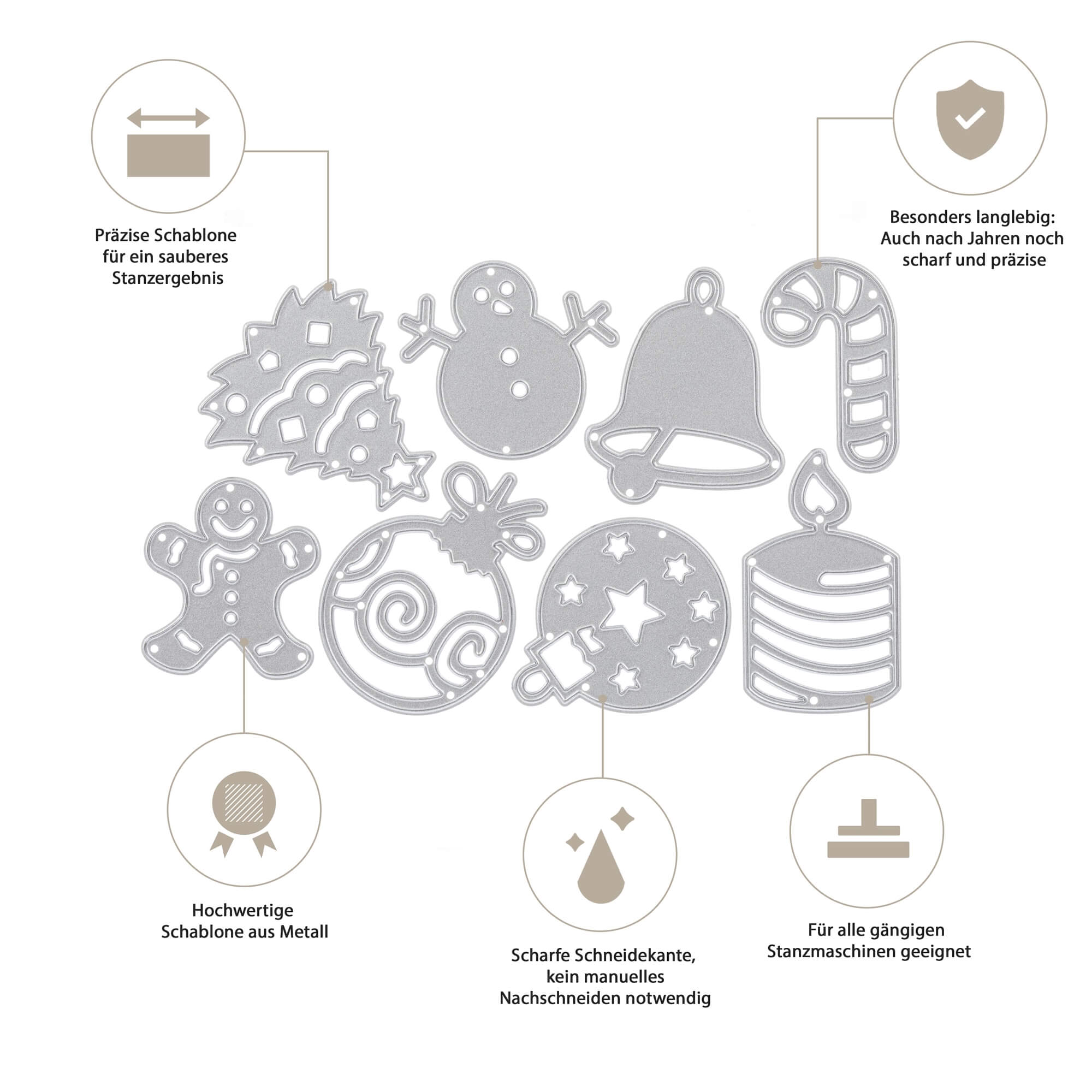 Das Stanzenshop.de Stanzschablonen-Set mit acht Weihnachtsmotiven enthält u.a. Schneemann, Glocke, Ilex, Lebkuchenmann und Kerze - perfekt als Stanzschablonen Weihnachten für kreative Bastelprojekte und mit Hinweisen zur Qualität auf Deutsch.