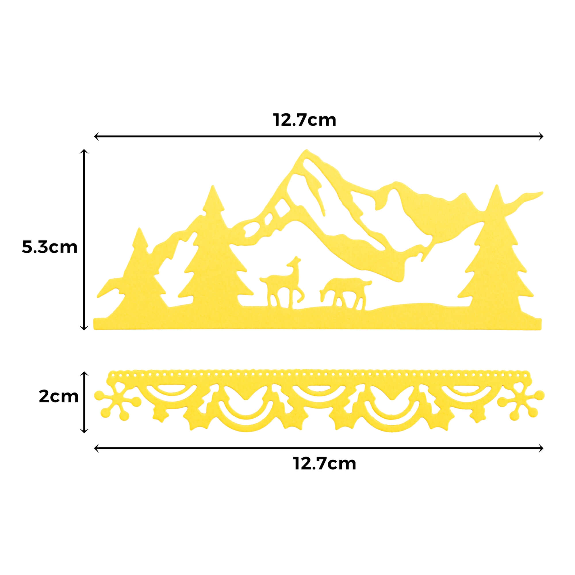 Stanzschablone Berge im Schnee von Stanzenshop.de: gelbe Ausschnitte (5,3 x 12,7 cm, Berg-/Hirsch-/Baumszene) und Spitzenbordüre (2 x 12,7 cm), ideal für festliche Wintermotive in Stanzen Basteln oder Weihnachtsbasteln; Größen mit schwarzen Pfeilen dargestellt.