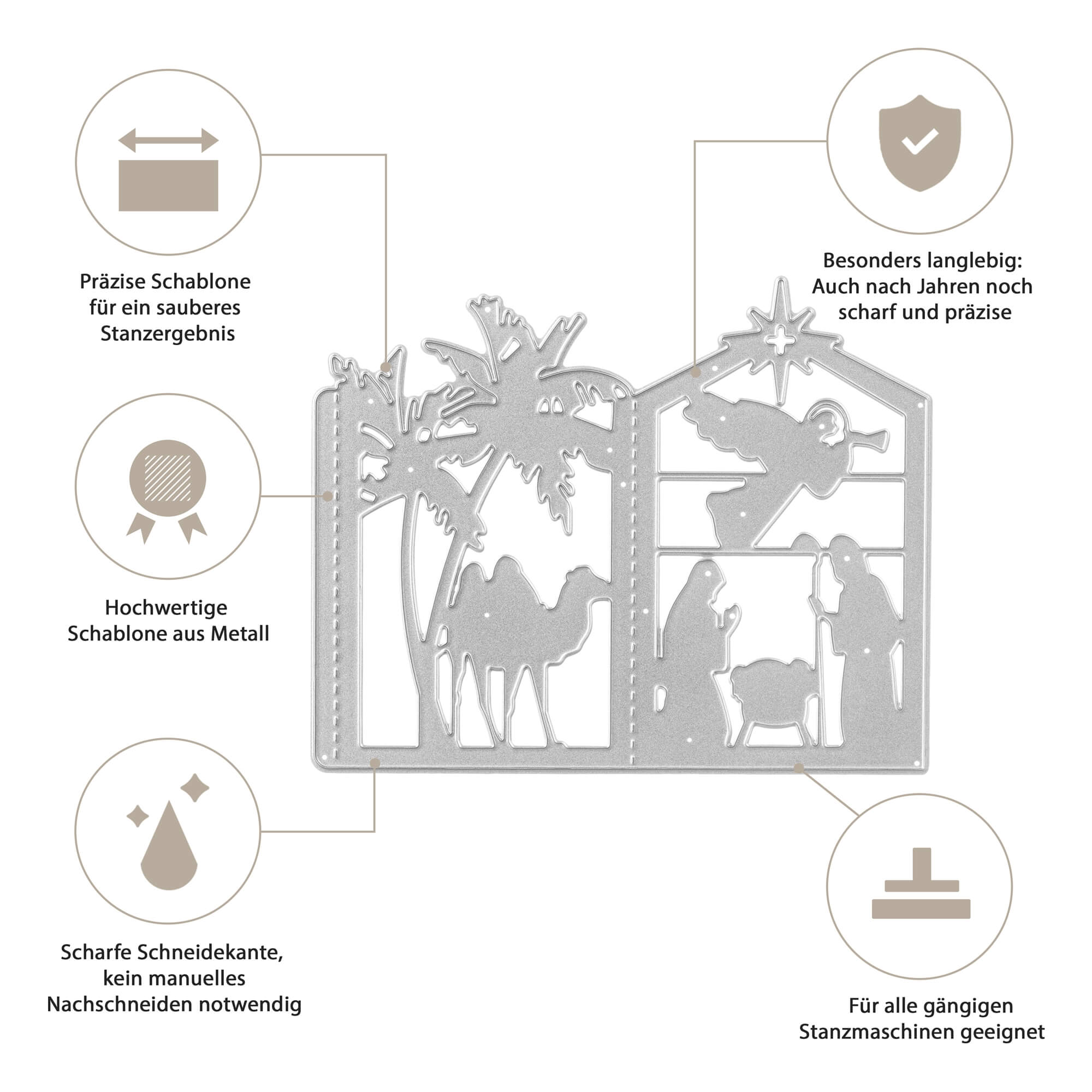 Die Stanzschablone Krippenlaterne von Stanzenshop.de ist eine silberne Metallstanze mit Krippenszene, präziser und langlebiger Qualität, scharfer Schnittkante und Kompatibilität mit Stanzmaschinen - perfekt für Weihnachtsbasteleien.