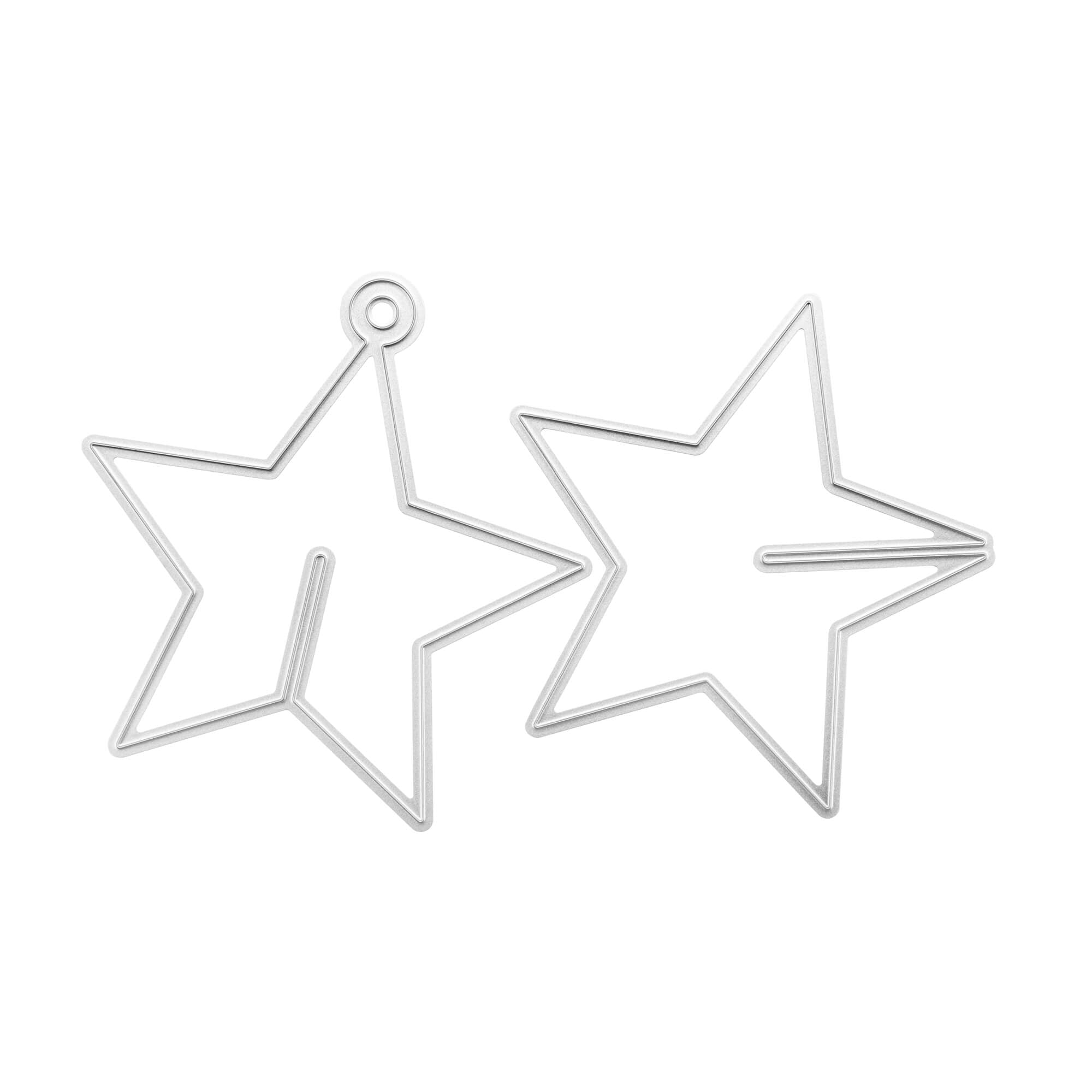 Die Stanzschablone 3D Stern von Stanzenshop.de enthält zwei metallische, fünfzackige Sterne - ideal zum Basteln im Winter - einen mit und einen ohne Aufhängeloch, beide mit offener Seitenlücke.