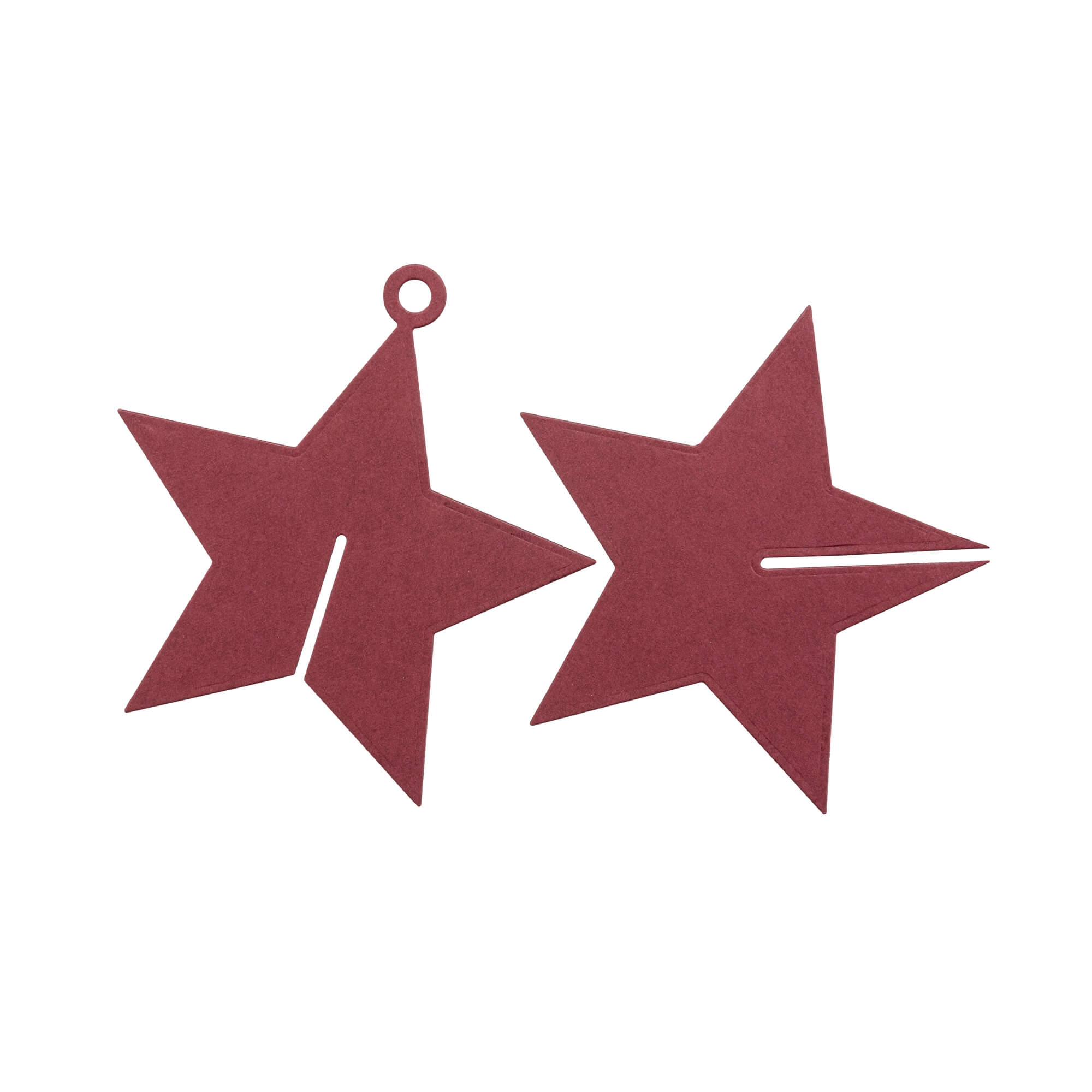 Set mit zwei kastanienbraunen Papiersternen für winterliche Bastelarbeiten: einer mit oberem Loch und Mittelschlitz, einer mit nur einem horizontalen Schlitz - ideal zum Basteln von festlichen 3D-Sternen mit der Stanzschablone 3D Stern von Stanzenshop.de.