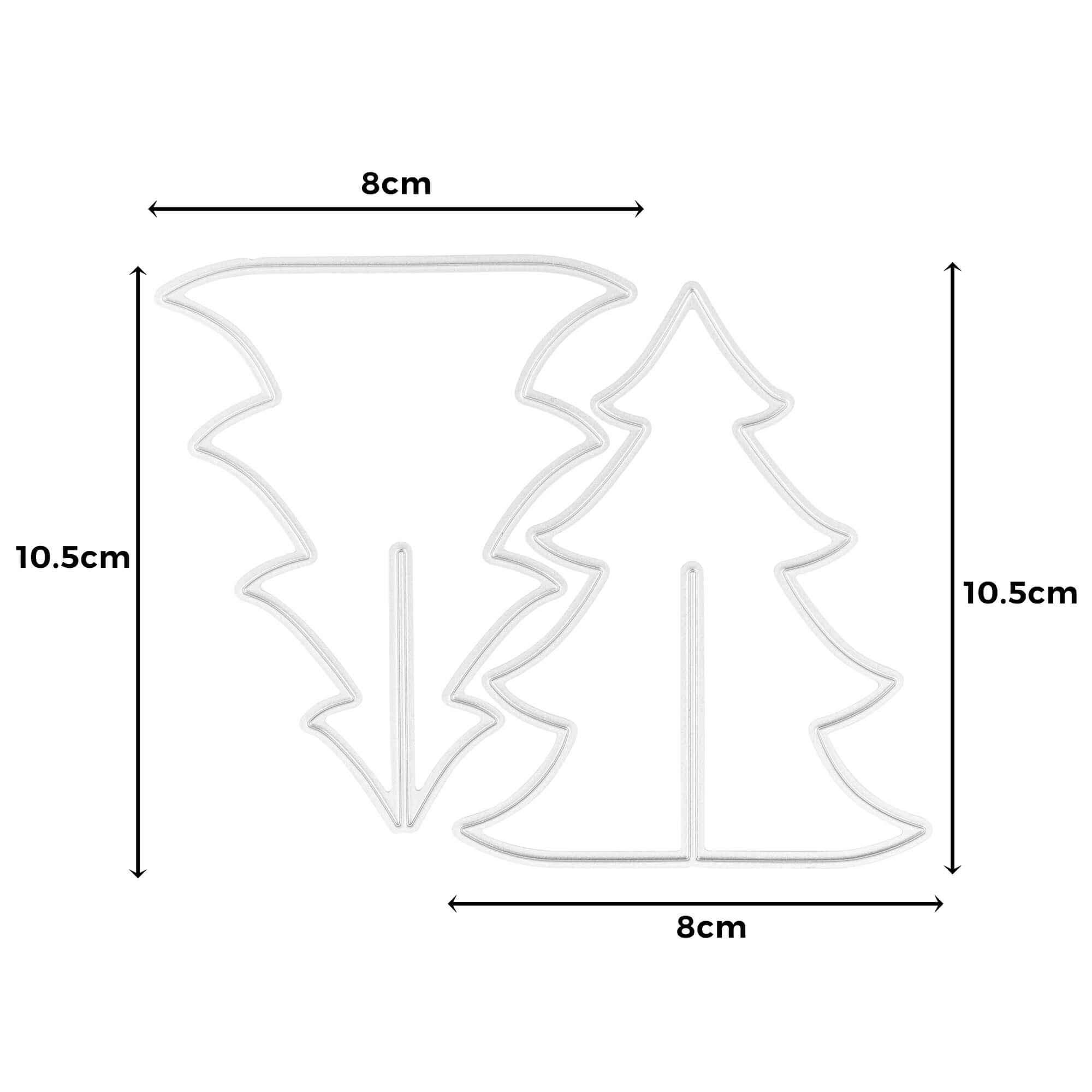 Zwei transparente Stanzenshop.de Stanzschablone 3D Tannenbaum Schablonen für Basteln Winter oder Weihnachten, jeweils 8cm breit und 10,5cm hoch mit angegebenen Maßen, werden nebeneinander dargestellt.
