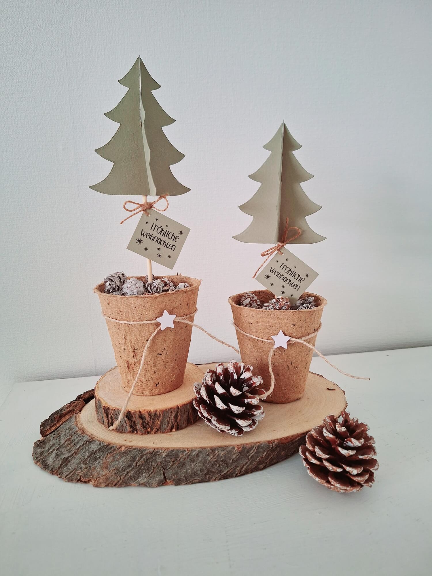 Zwei kleine Papierbäume aus der Stanzschablone 3D Tannenbaum von Stanzenshop.de, verziert mit Tannenzapfen und Sternen in Töpfen, stehen auf einer Holzplatte vor einem schlichten weißen Hintergrund.