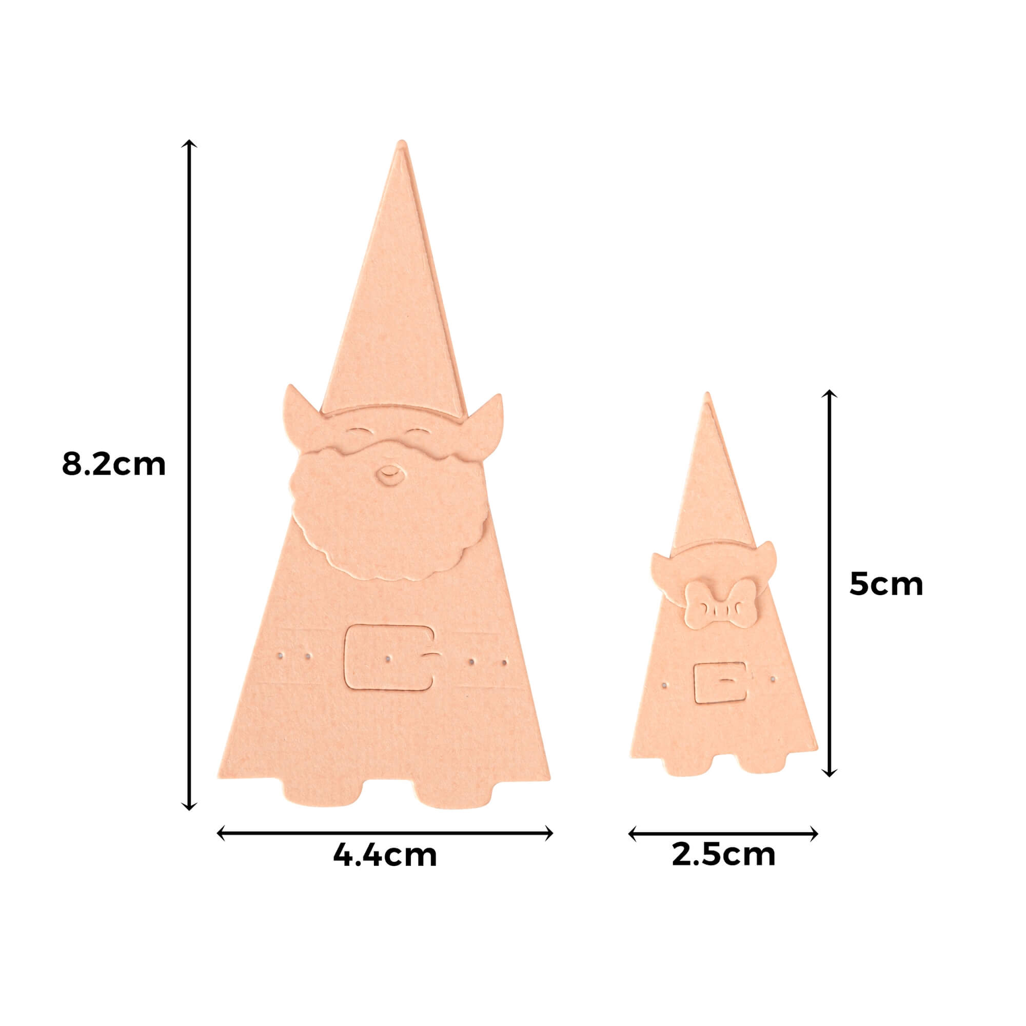 Die Stanzschablone Nikolaus und Wichtel von Stanzenshop.de zeigt zwei dreieckige Wichtelausschnitte (8,2x4,4cm und 5x2,5cm) mit Messpfeilen, ideal für Wintermotive Basteln oder als Weihnachtsstanzschablone.