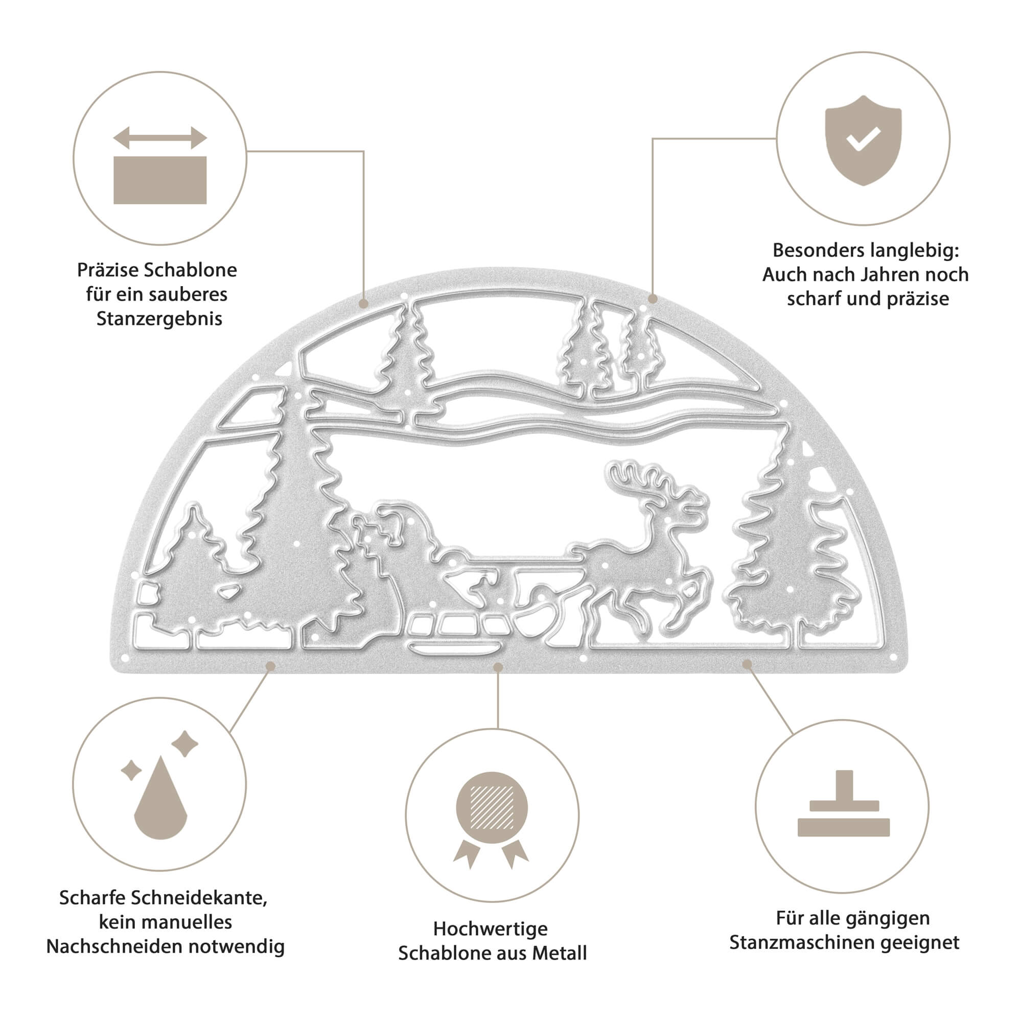 Die Stanzschablone Schlitten im Halbkreis von Stanzenshop.de ist eine halbrunde Metallstanze mit einer Winterszene, die Schlitten- und Rentiermotive zeigt. Sie zeichnet sich durch Schärfe, Haltbarkeit und Qualität aus und passt auf Standard-Stanzmaschinen.