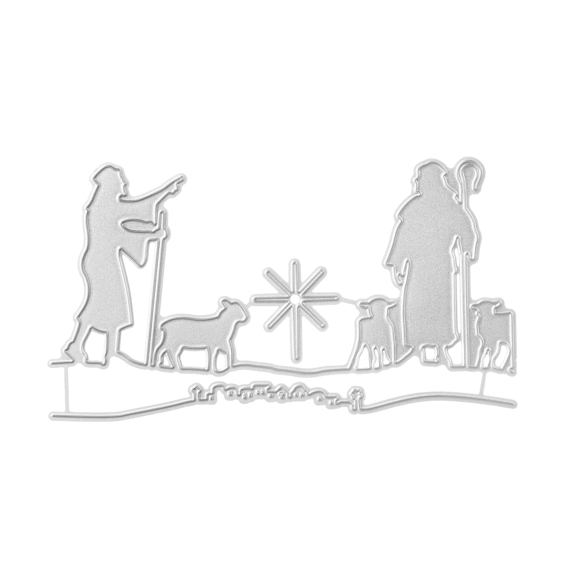 Silberne Umrisse von zwei Hirten mit Stäben, Schafen und einem Stern - die Stanzschablone Hirten von Stanzenshop.de ist perfekt für festliche Kartenherstellung, Basteln von Wintermotiven oder Krippenprojekte zu Weihnachten.