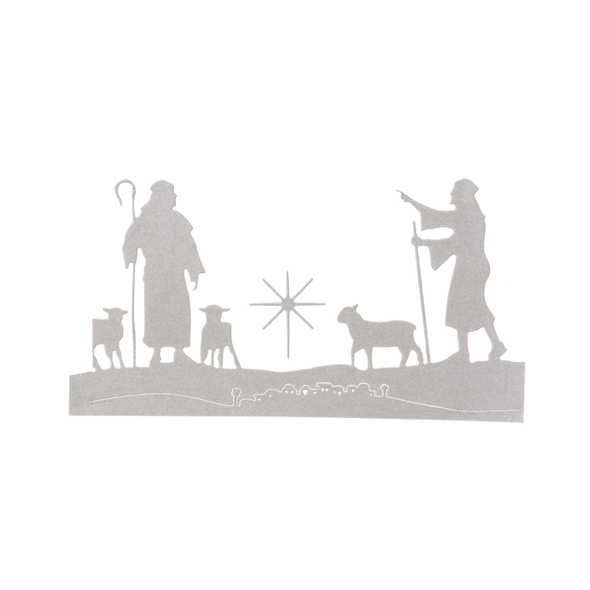 Die Stanzschablone Hirten von Stanzenshop.de zeigt zwei Hirten mit Schafen, einen Stern über dem Kopf und eine Stadtkulisse - ideal für Basteln Wintermotive oder als Inspiration für Weihnachtskarten.