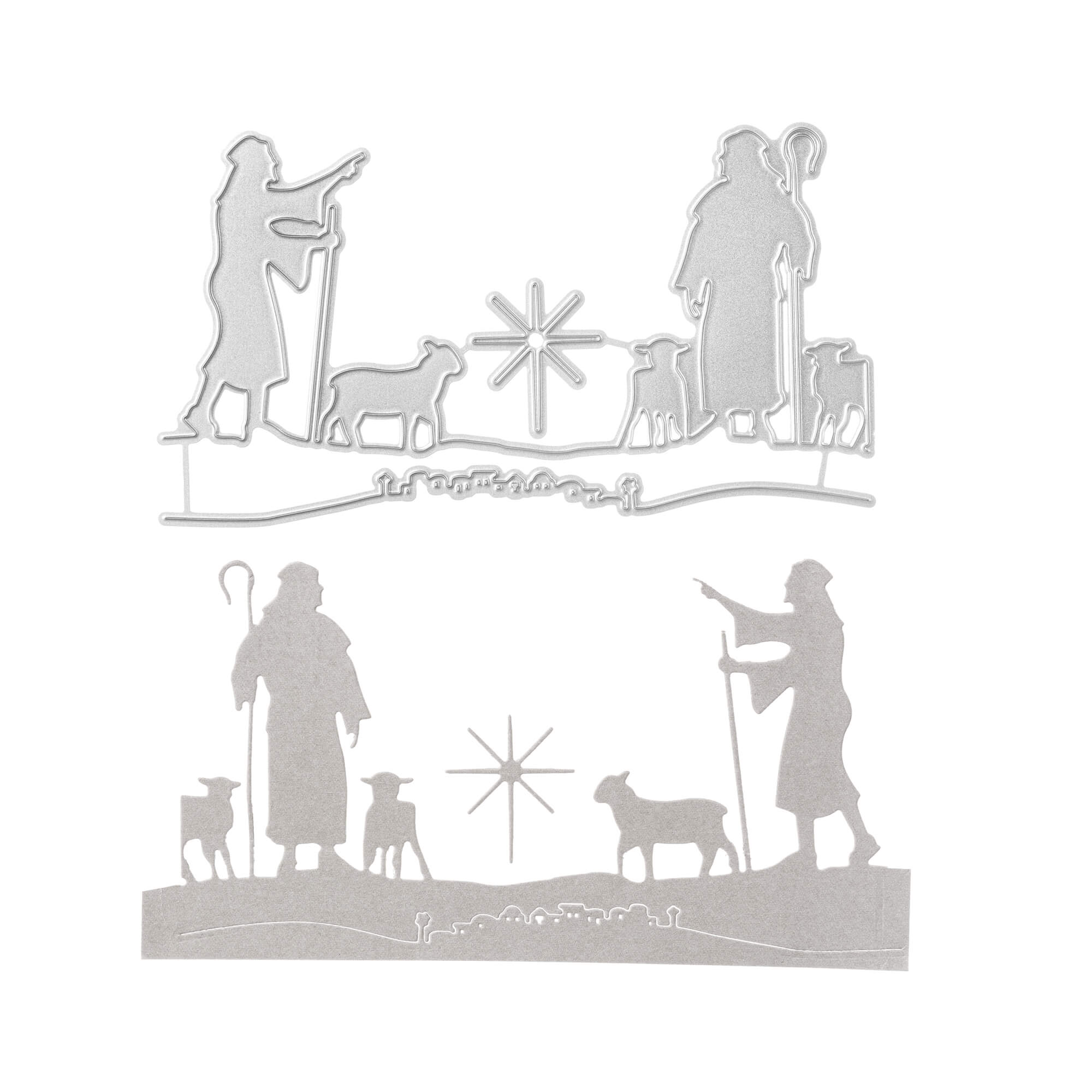 Die Stanzschablone Hirten von Stanzenshop.de enthält zwei Metallstempel von Hirten, Schafen, einem Stern und einer Landschaft - ideal zur Kartenherstellung oder zum Krippenbasteln mit Ihrem Lieblingsweihnachtsmotiv.