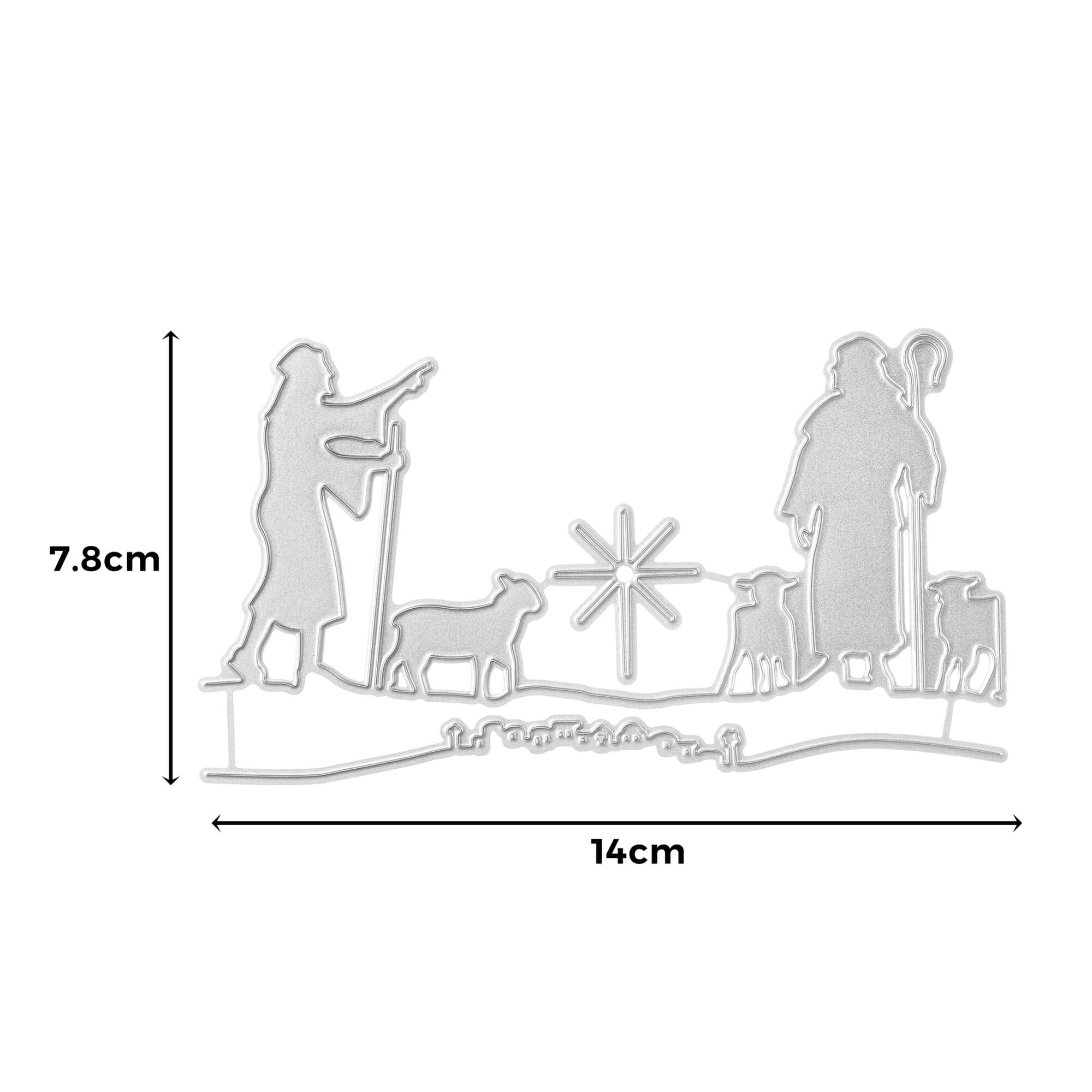 Die Stanzschablone Hirten von Stanzenshop.de ist eine silberne Metallkrippe (7,8 x 14 cm) mit zwei Hirten, Schafen und einem Stern - ideal für Kartenherstellung und Basteln von Wintermotiven.