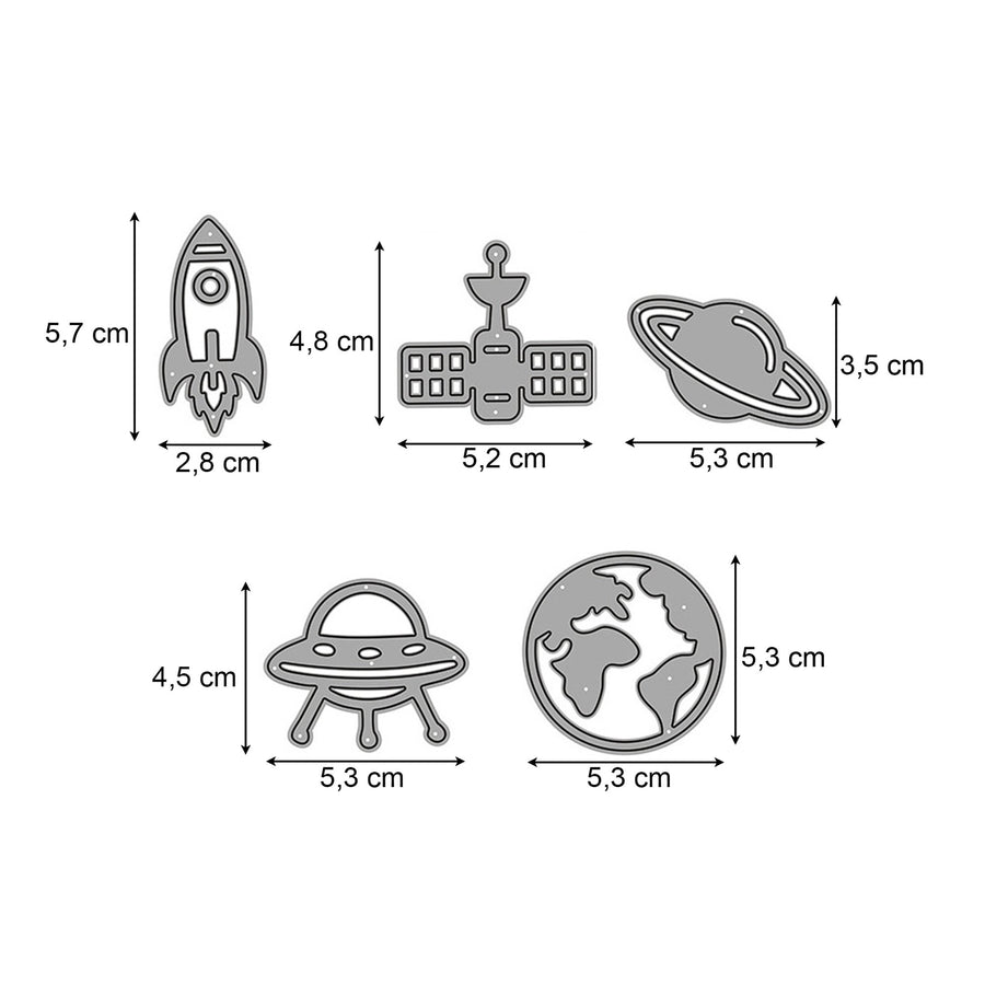 Größenangabe für Stanzschablone Weltraum-Set mit Rakete, Satellit und Planeten