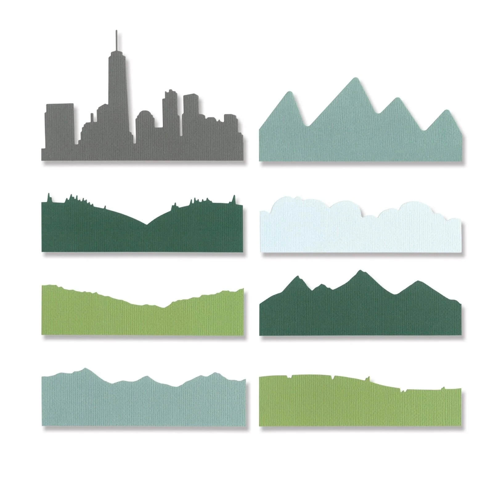 Acht grafische Silhouetten in Grün, Grau und Blau stellen Skylines, Berge, Hügel und Wolken dar - perfekt für Scrapbooking oder die Verwendung mit den Sizzix 666248 Thinlits Skyline Silhouettes von Josh Griffiths.