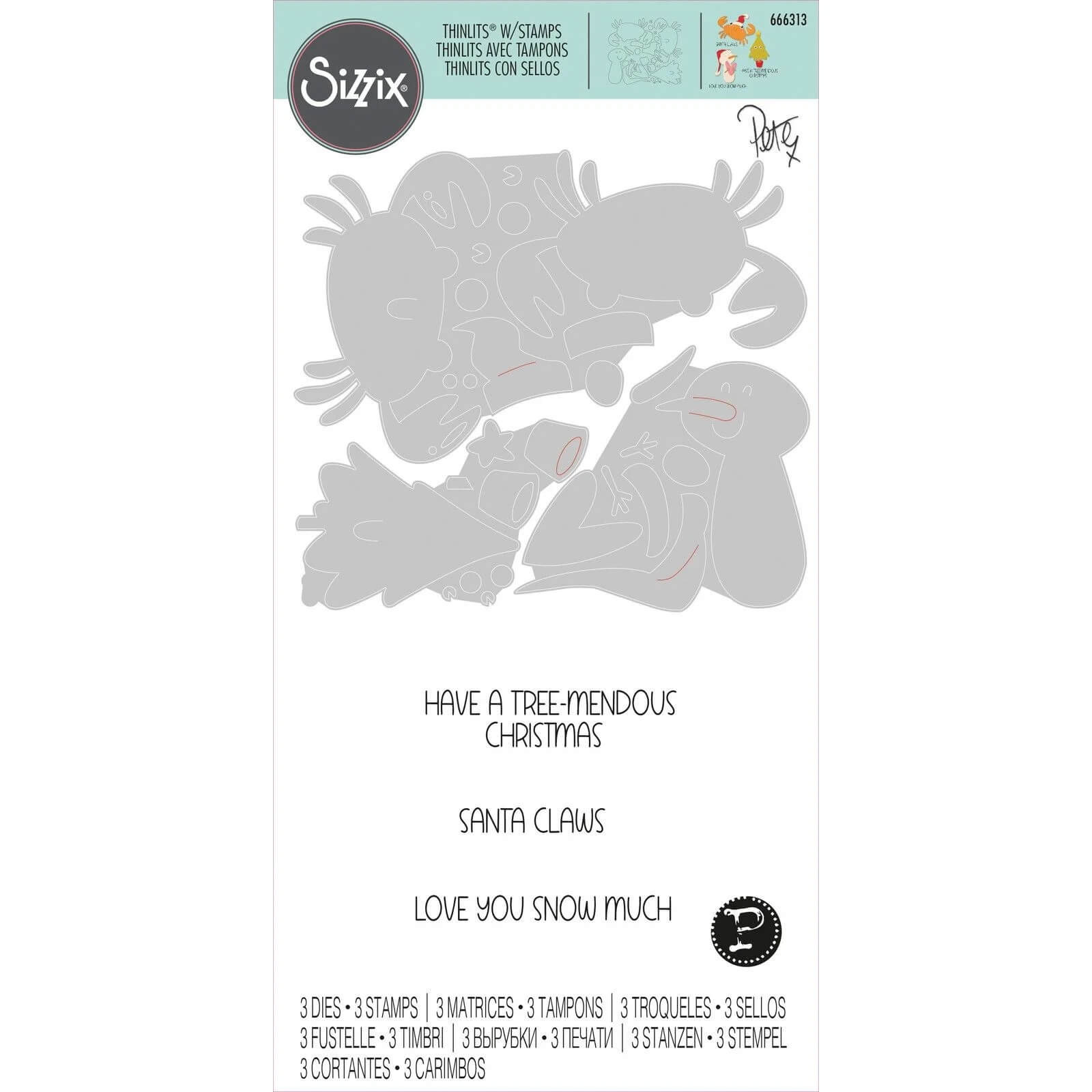Das Set Sizzix 666313 Thinlits mit Stempeln - Christmas Characters von Sizzix enthält Stanzformen und Stempel für die Kartengestaltung, die niedliche Weihnachtsfiguren und drei Sprüche zeigen: "Have a tree-mendous Christmas", "Santa Claws" und "Love you snow much".