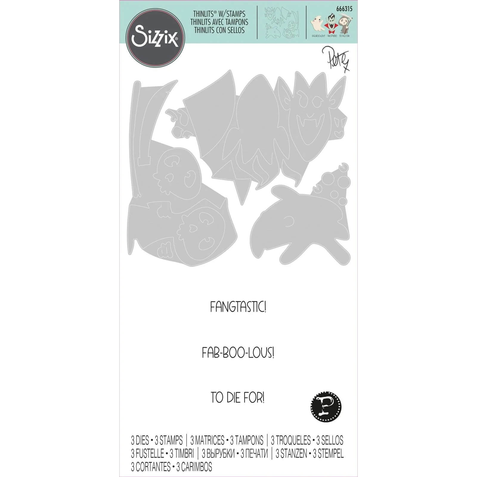 Das Set Sizzix 666315 Thinlits with Stamps Spooky Friends von Sizzix enthält drei Metallstanzen und drei Halloween-Stempel - ideal für Papierbasteleien mit Sätzen wie "Fangtastic!", "Fab-boo-lous!" und "To die for!.