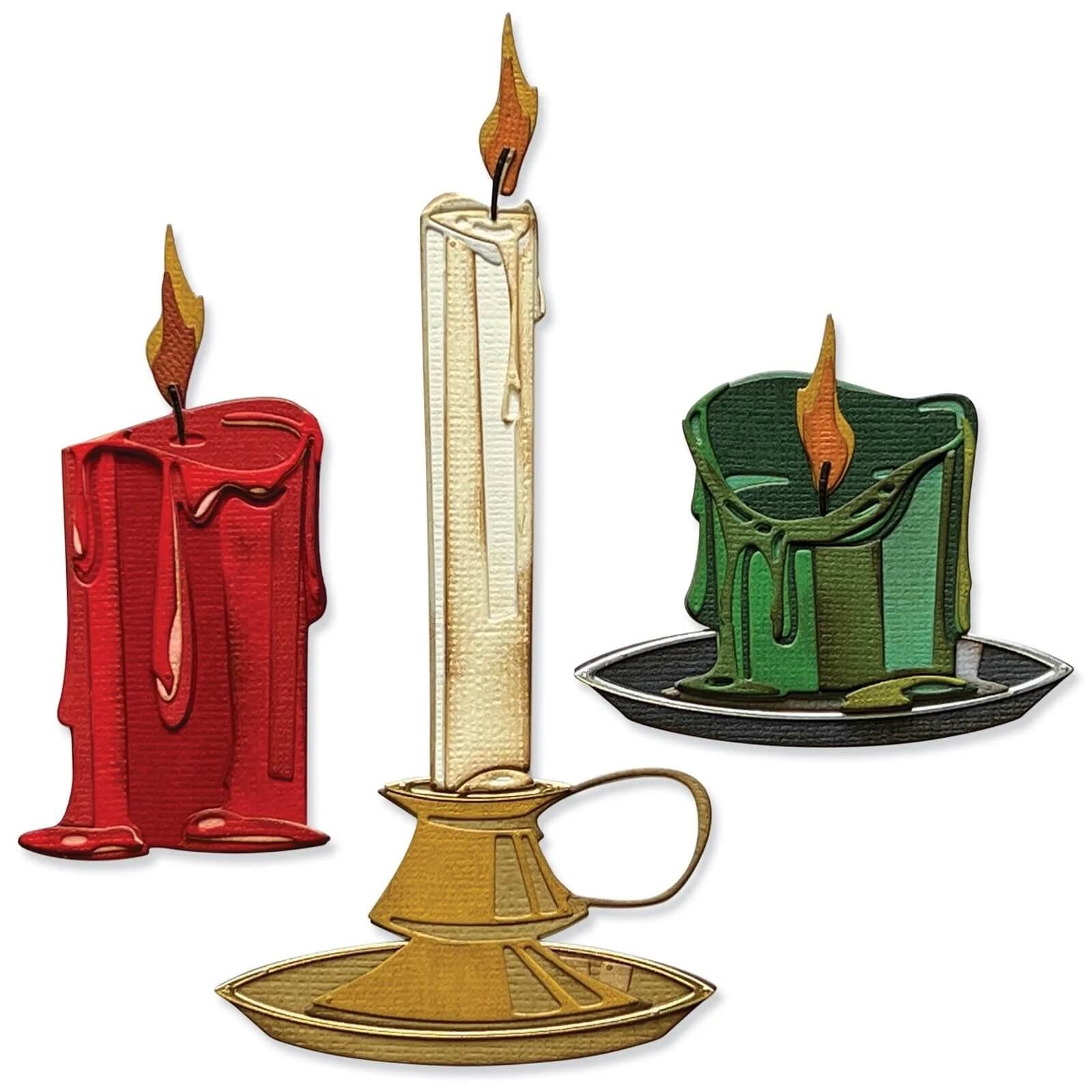 Drei brennende Kerzen - rot, grün und hochweiß - sorgen für eine gemütliche Weihnachtsstimmung, perfekt zum Basteln mit Sizzix 666331 - Thinlits Stanzschablonen Candleshop Colorize by Sizzix. Lassen Sie sich von diesen Kerzenformen zu Ihren festlichen Kreationen inspirieren!.